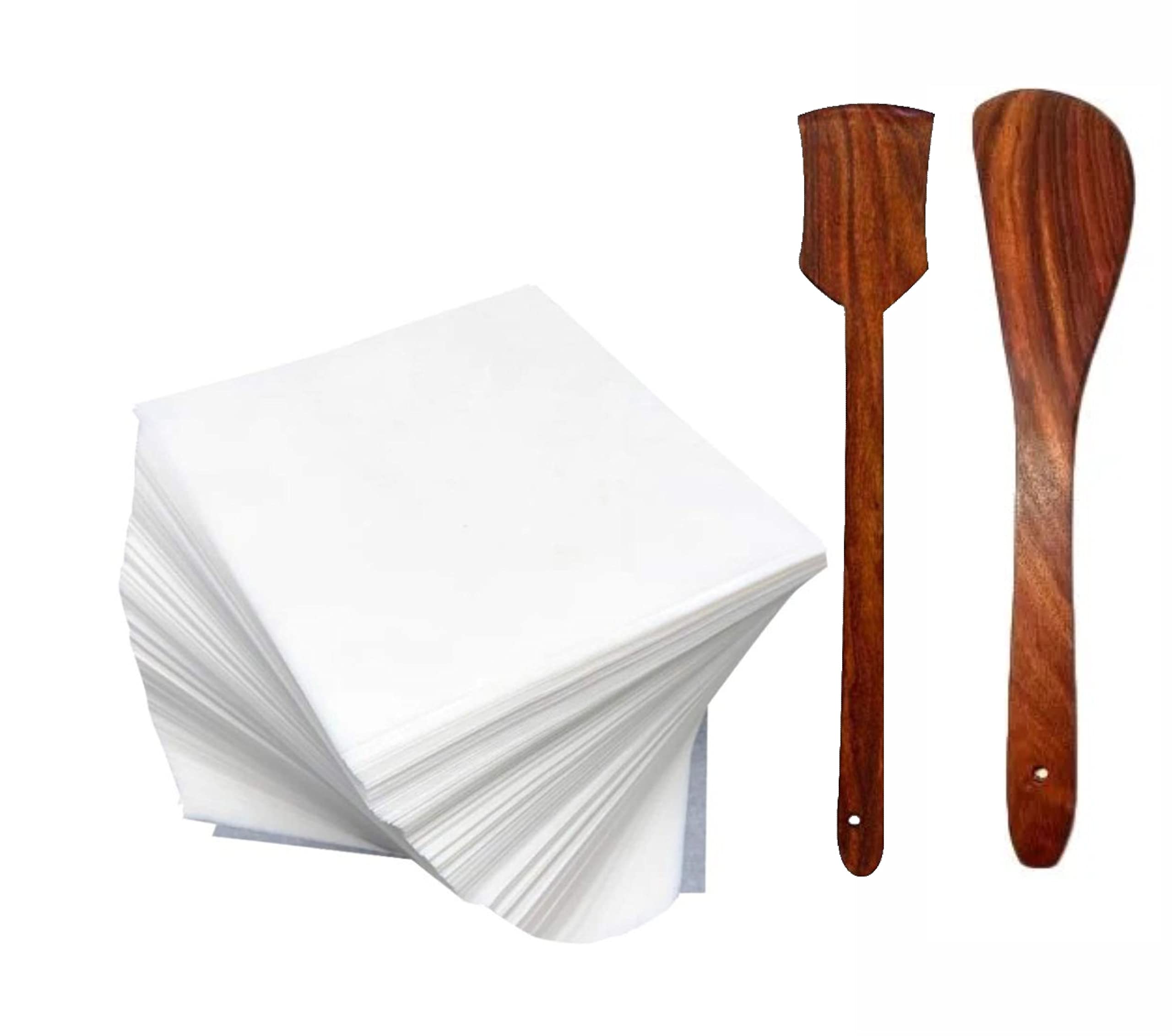 100-Sheet Butter Paper for Baking - Includes 2 Free Sheesham Wood Spatulas (10 Inch) | Non-Stick Parchment Paper for Cakes, Cookies, Roti & Paratha Wrapping | Perfect for Home Baking & Indian Cooking (10x10 Inch)