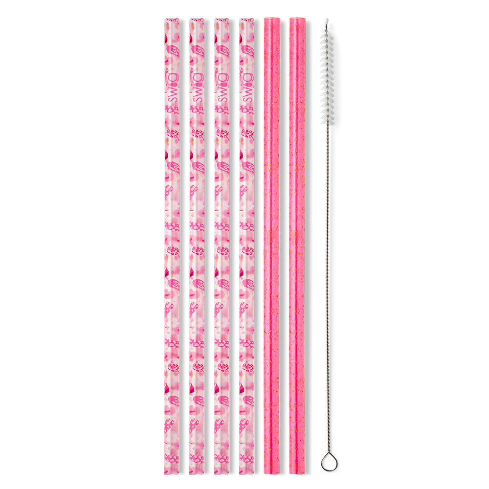 Pink Glitter Reusable Straw Set for Women - 10 Pack Eco-Friendly Metal Drinking Straws with Cleaning Brush | Perfect for Parties, Travel, and Home Use