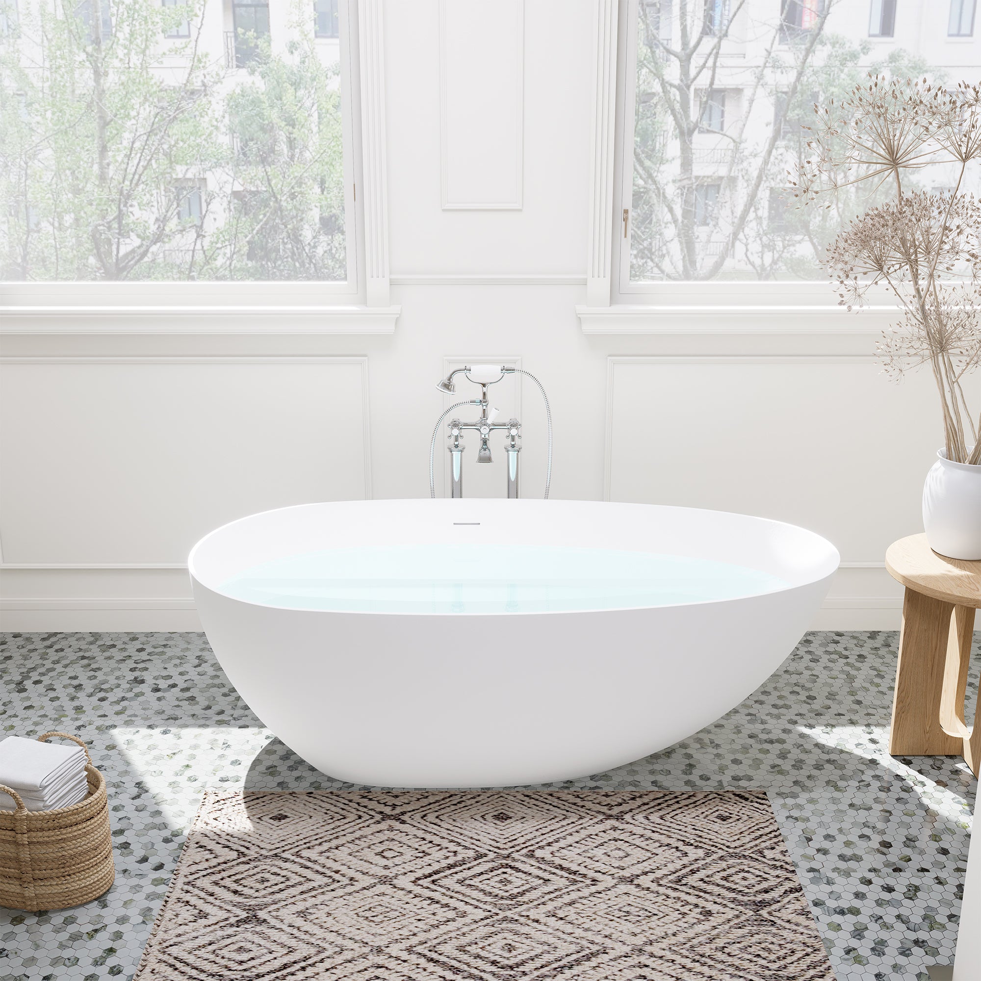 Giotto Matte White Solid Surface Soaking Bathtub with Integrated Overflow and Matte White Drain - Perfect for Modern Bathrooms, Spa-Like Relaxation at Home