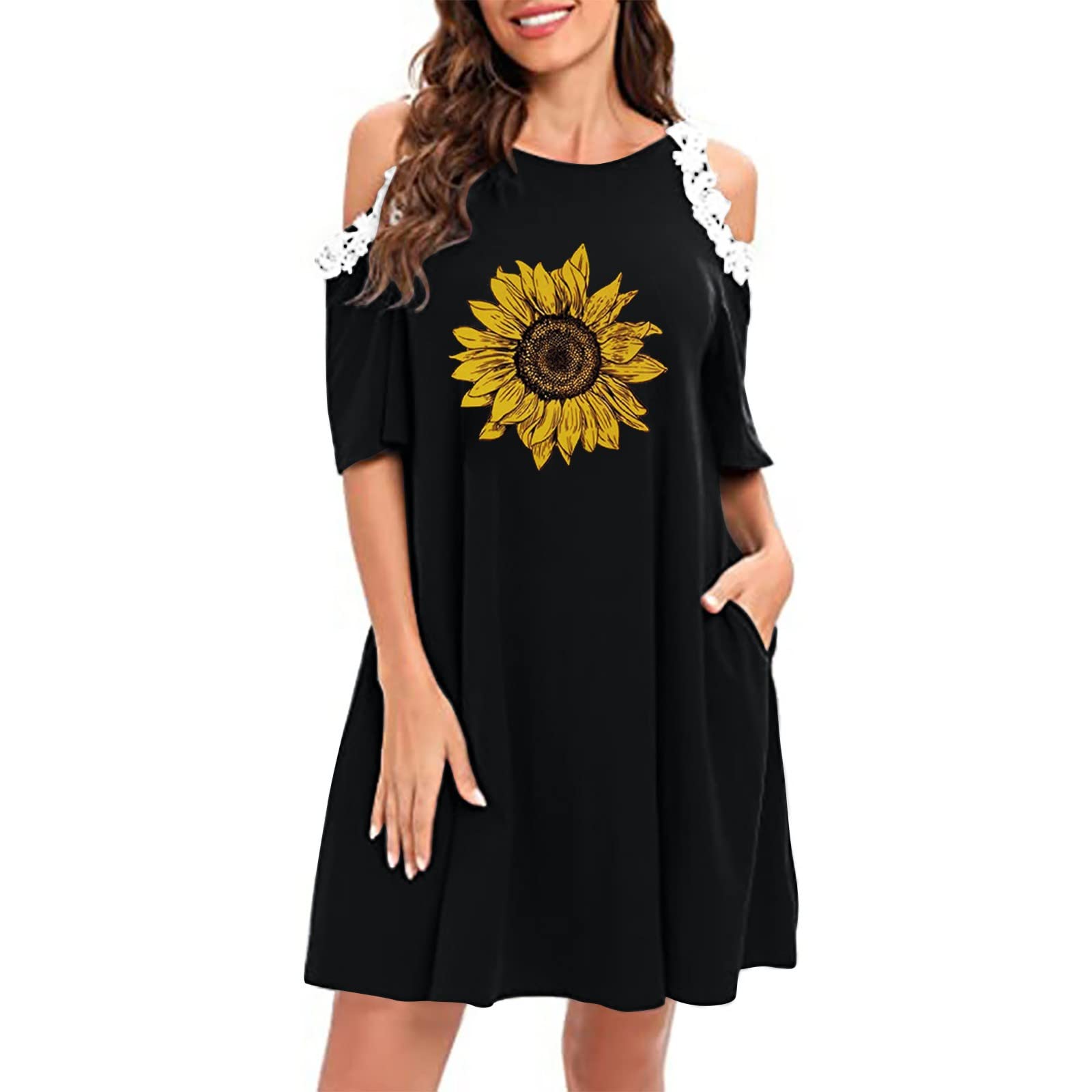 Women's Off Shoulder Lace Short Sleeve Sunflower Floral Print Mini Dress - Casual Summer T-Shirt Dress for Beach, Party & Date Night