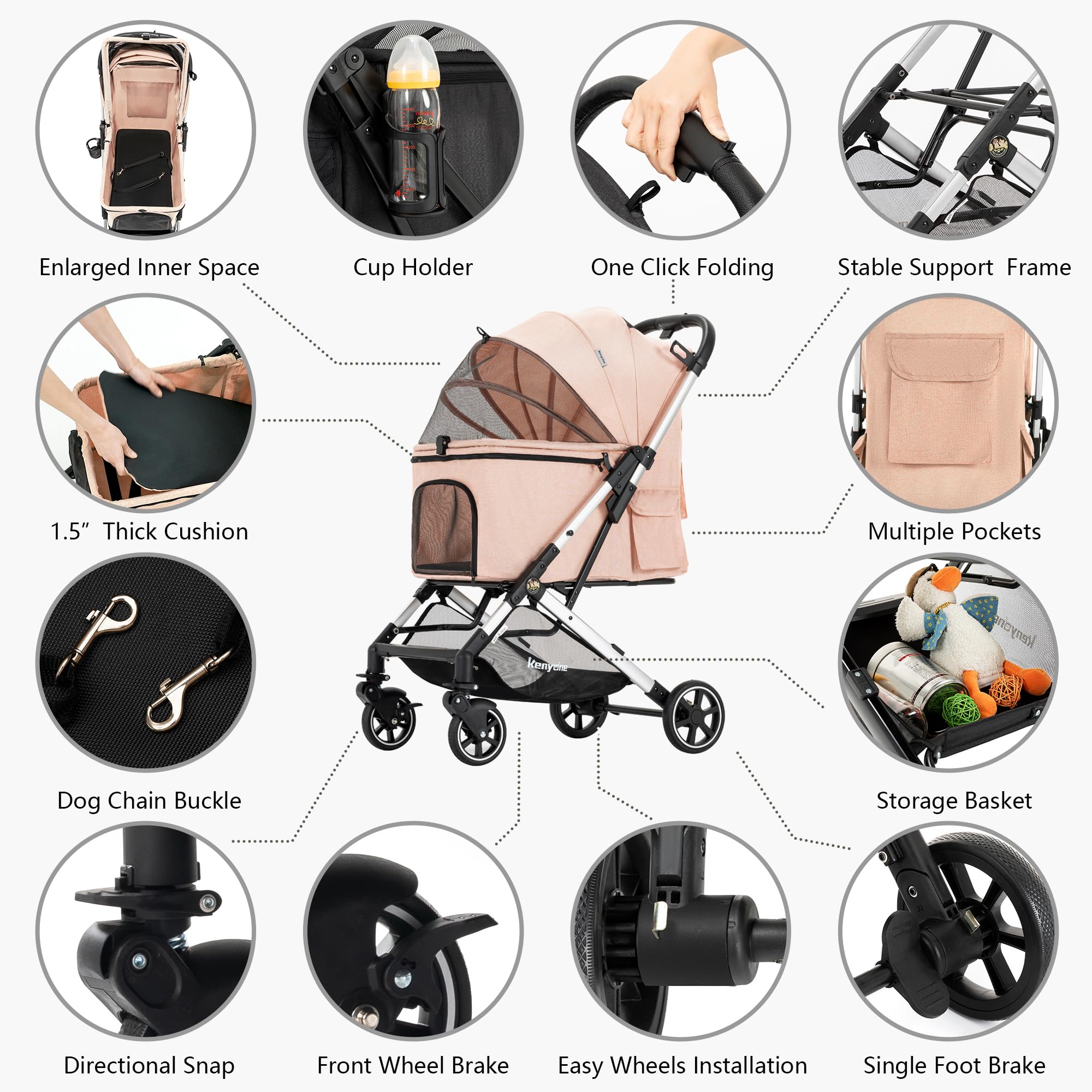 Kenyone Medium Dog Stroller for Pets Up to 55lbs - Lightweight Aluminum Frame, One-Click Folding, No-Zip Entry & Detachable Mesh - Large Pet Carrier with Storage Pockets for Walking, Travel & Outdoor Adventures