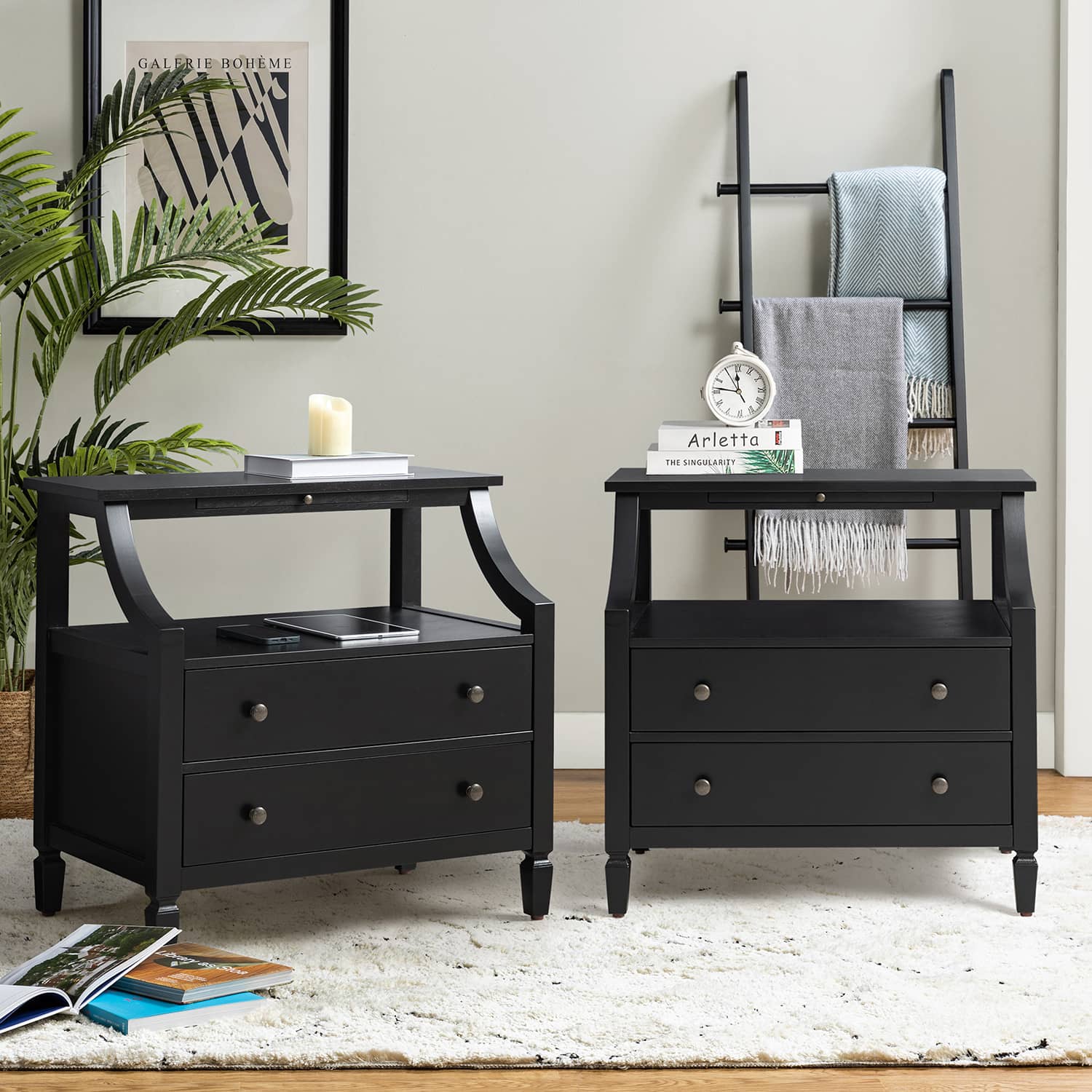 Grace 2-Drawer Nightstand with USB Charging Ports & Power Outlets - Modern Bedside Table for Bedroom, Living Room & Office Use
