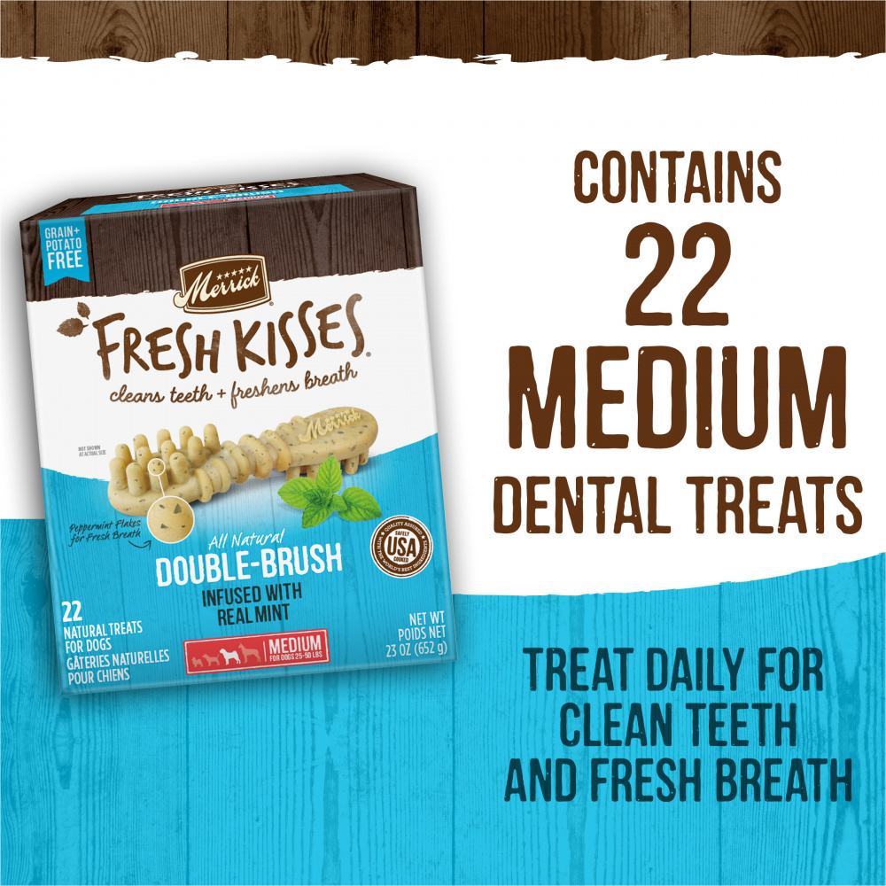Merrick Fresh Kisses Dog Dental Treats with Mint Breath Strips - Natural Teeth Cleaning Chews for Medium Dogs - Freshens Breath & Reduces Plaque - Perfect for Daily Oral Care & Training Rewards
