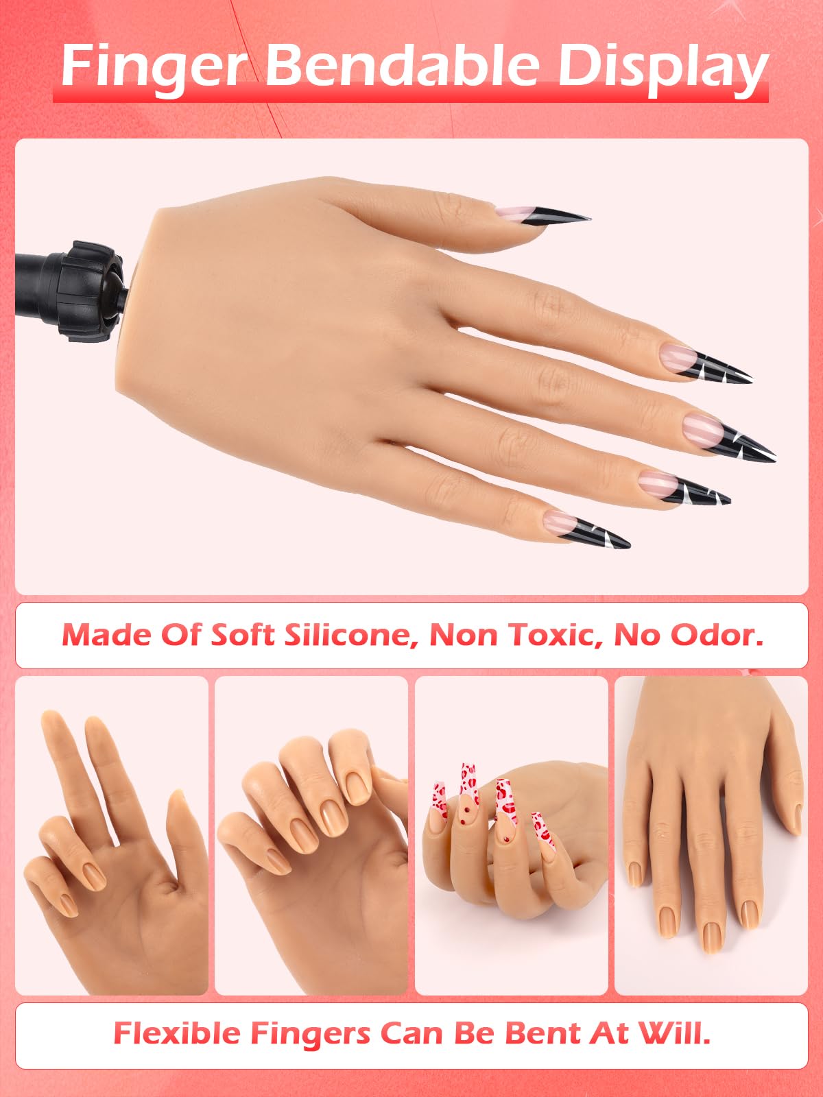Professional Acrylic Nail Practice Hand - Soft Silicone Mannequin Hand with Stand for Nail Art Training | Realistic Flexible Fake Hand for Beginners & Professionals | Perfect for Salon Practice, Home Learning & Nail Technician Certification Prep (Right Hand)