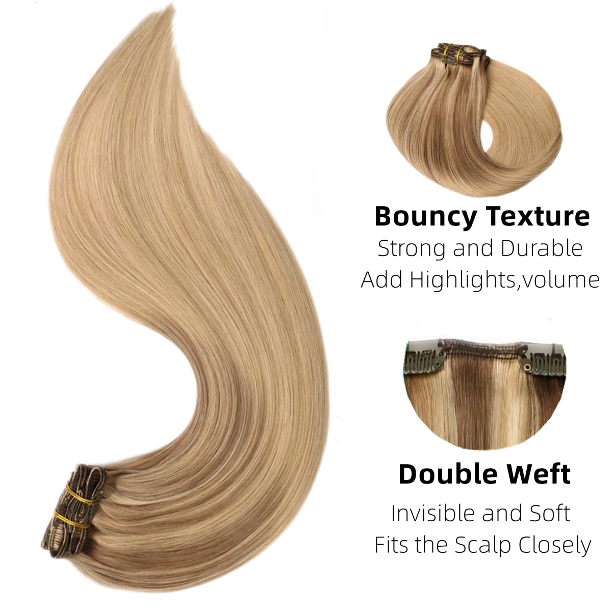 VINBAO 18 Inch Clip in Human Hair Extensions - 6pcs 120g Remy Human Hair with Balayage Ash Brown to Caramel Blonde (#10/16/16) - Perfect for Volume, Length & Styling for Parties, Weddings & Daily Wear