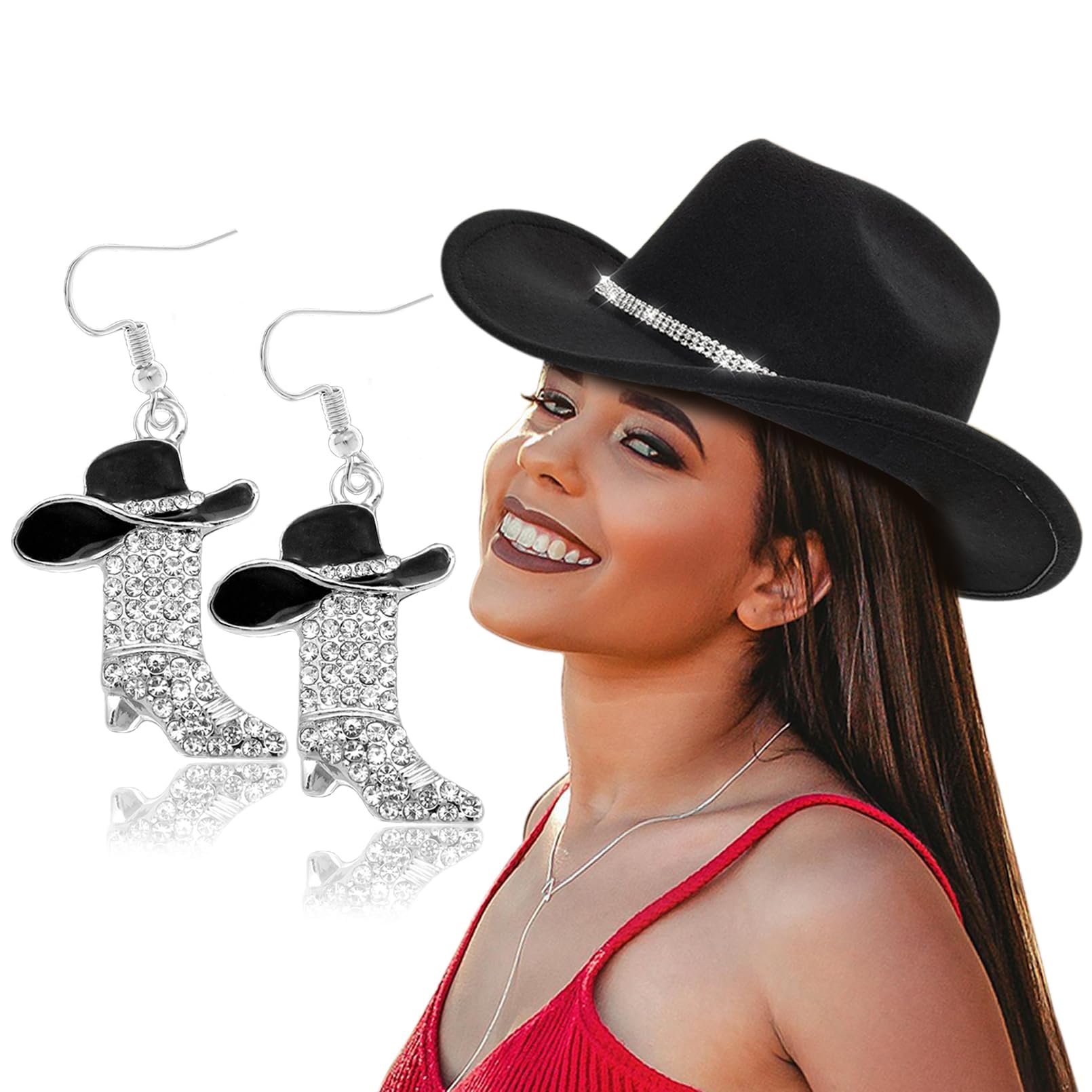 Western Cowgirl Boots & Rhinestone Earrings Set with Felt Fedora Hat - Women's Rodeo Outfit Size M - Perfect for Country Concerts, Line Dancing & Cowboy Themed Parties