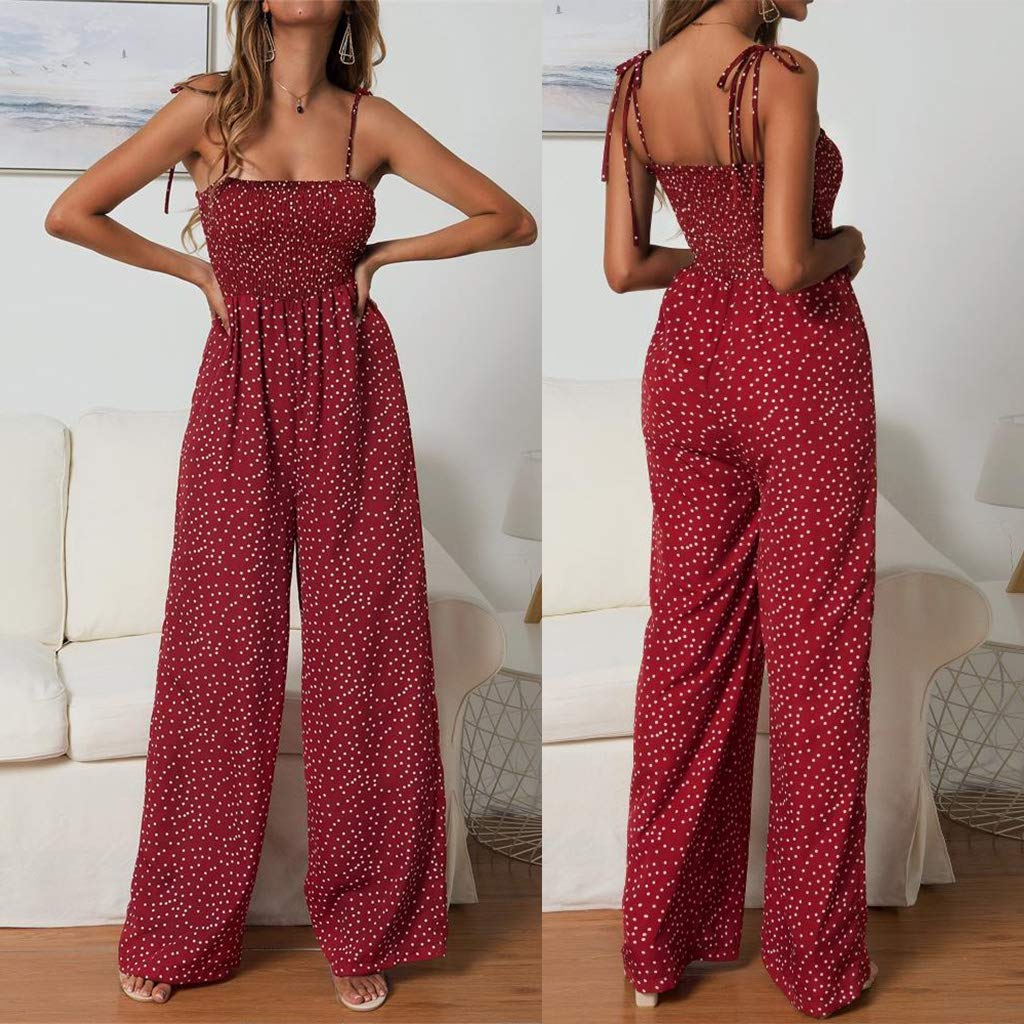 Xdodnev Women's Summer Bandeau Jumpsuit - Polka Dot Strappy Sleeveless Romper with Wide Leg Pants for Beach Vacation & Holiday Outfits