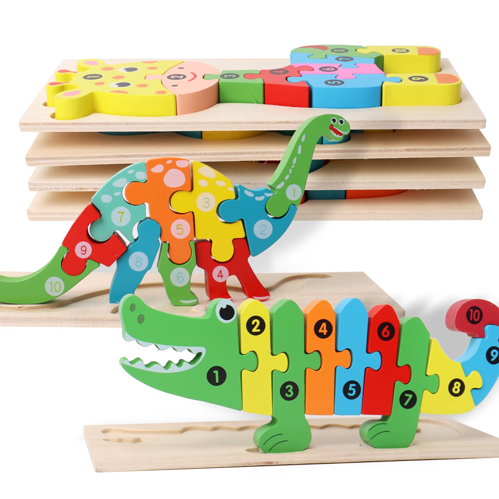 SHIERDU Wooden Puzzles for Kids Ages 2-6 - Educational Number, Dinosaur & Animal Jigsaw Toys for Toddlers - Perfect Gift for Boys & Girls (Pack of 6) - Fun Learning Activity for Preschool & Early Childhood Development