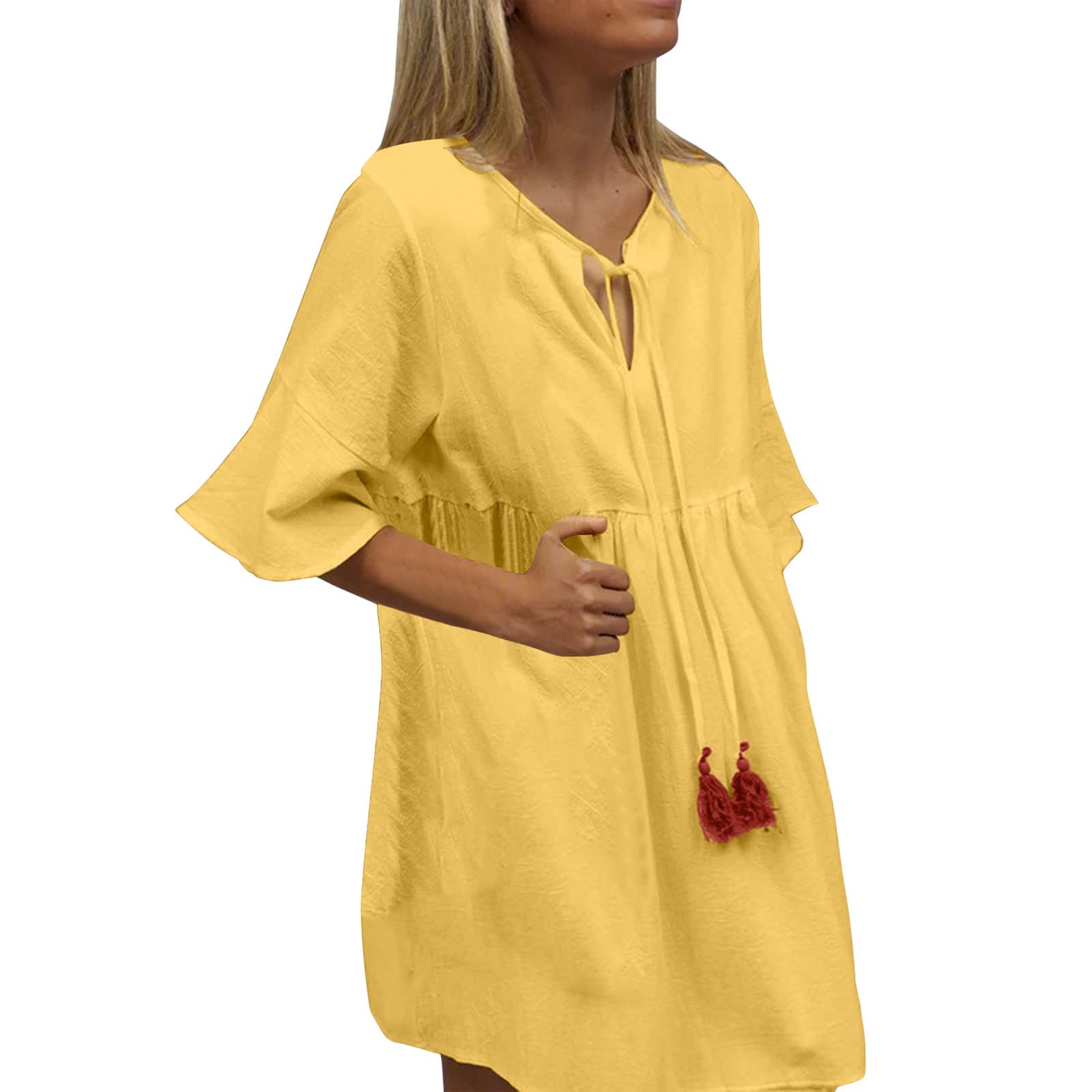 Women's Summer Boho Beach Sundress - 2022 Wedding Guest Cocktail Casual Plus Size Linen Tunic Dress with V Neck & Hi-Low Hem | Perfect for Beach Vacations, Garden Parties & Summer Weddings