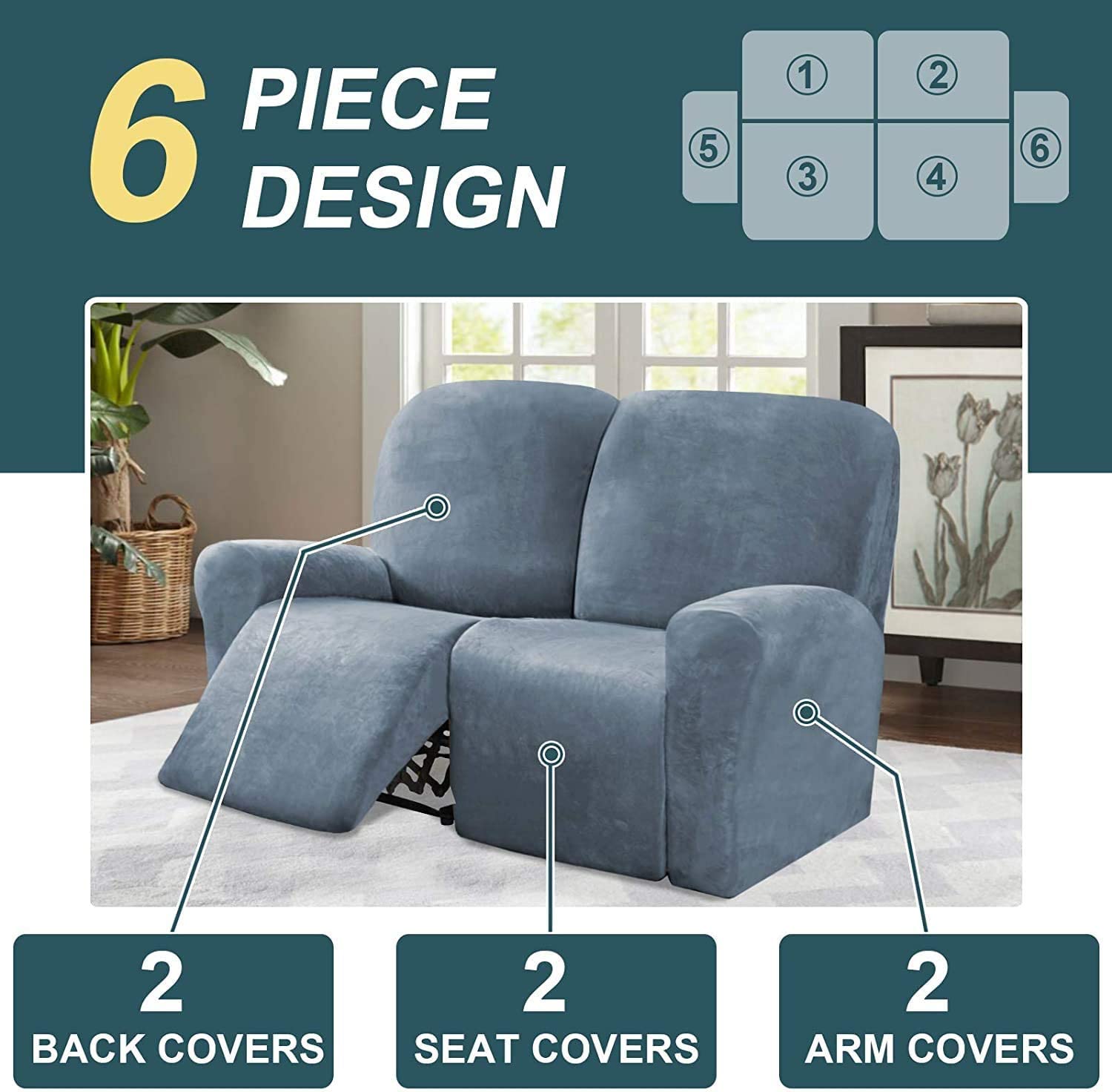 6-Piece Velvet Stretch Recliner Covers for 2-Seater Loveseat – Soft Furniture Protector with Side Pockets, Stone Blue – Perfect for Living Room, Home Theater & Family Gatherings