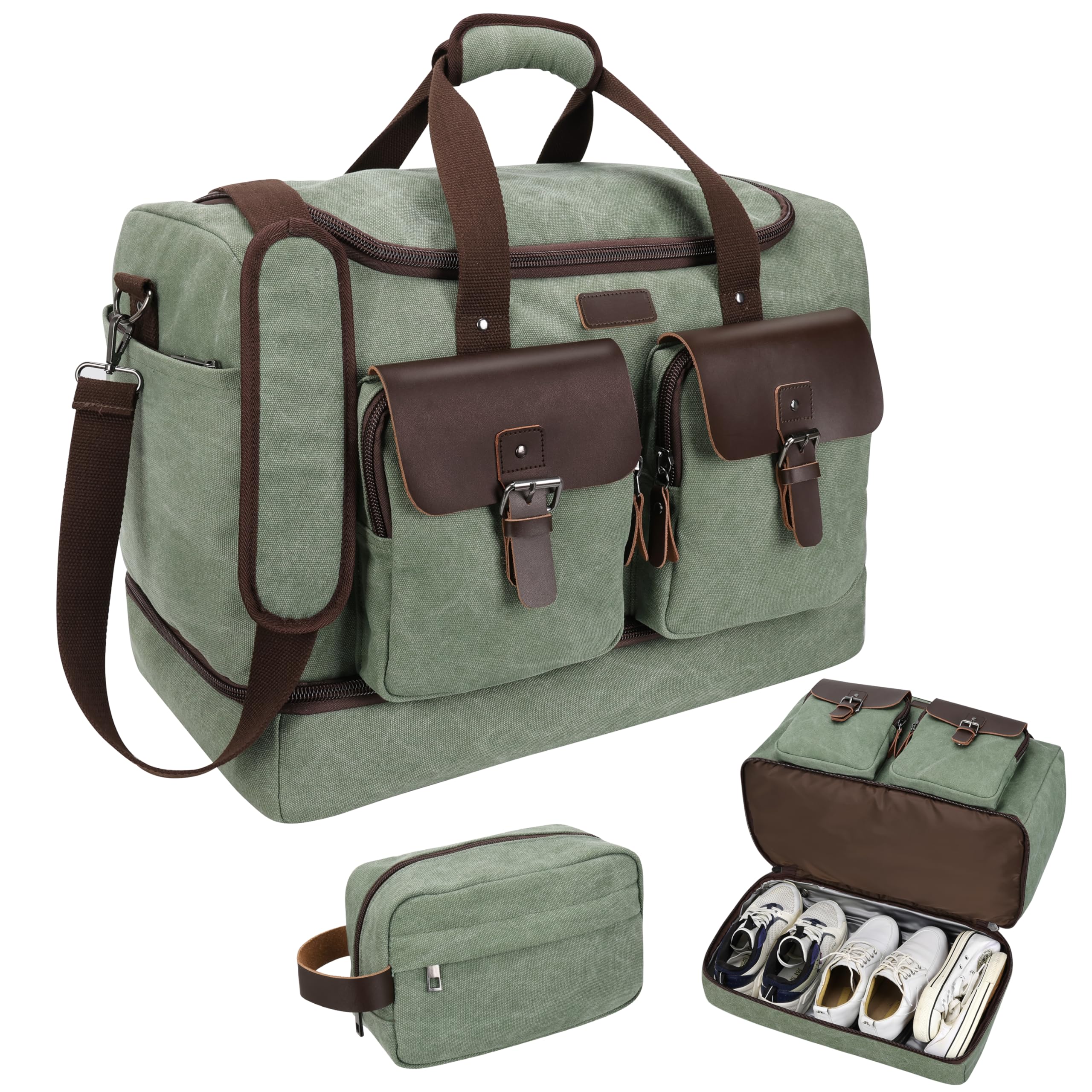 Large Capacity Waterproof Canvas & Genuine Leather Travel Duffle Bag with Shoe Compartment - Vintage Weekender Overnight Carry-On for Gym, Business Trips & Weekend Getaways