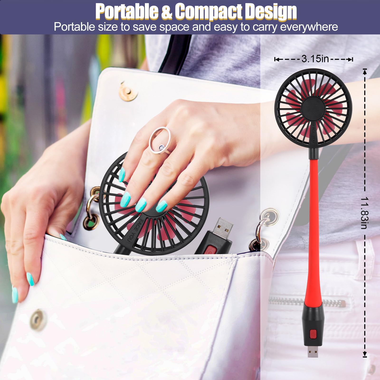Glovion USB Mini Desk Fan - 3 Speed Portable Personal Fan with Night Light & Flexible Neck | Strong Airflow USB Powered Cooling Fan for Office, Home, Bedroom, Laptop, Desktop & Travel | Perfect for Work, Study & Summer Comfort