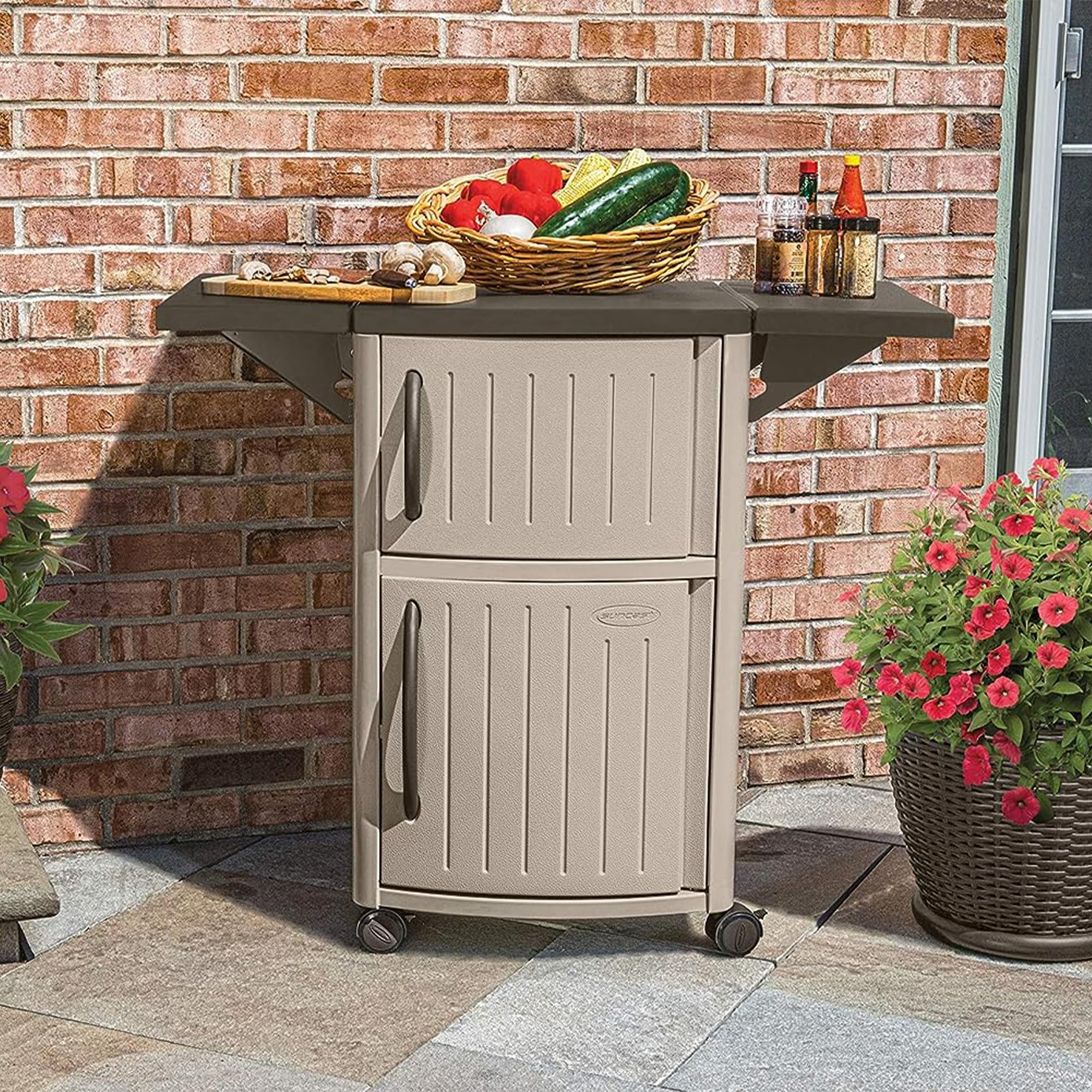 Suncast Outdoor Patio Grill Prep Station Cart with 2 Storage Cabinets - Light Taupe/Mocha - Perfect for Backyard BBQs, Outdoor Cooking & Patio Organization