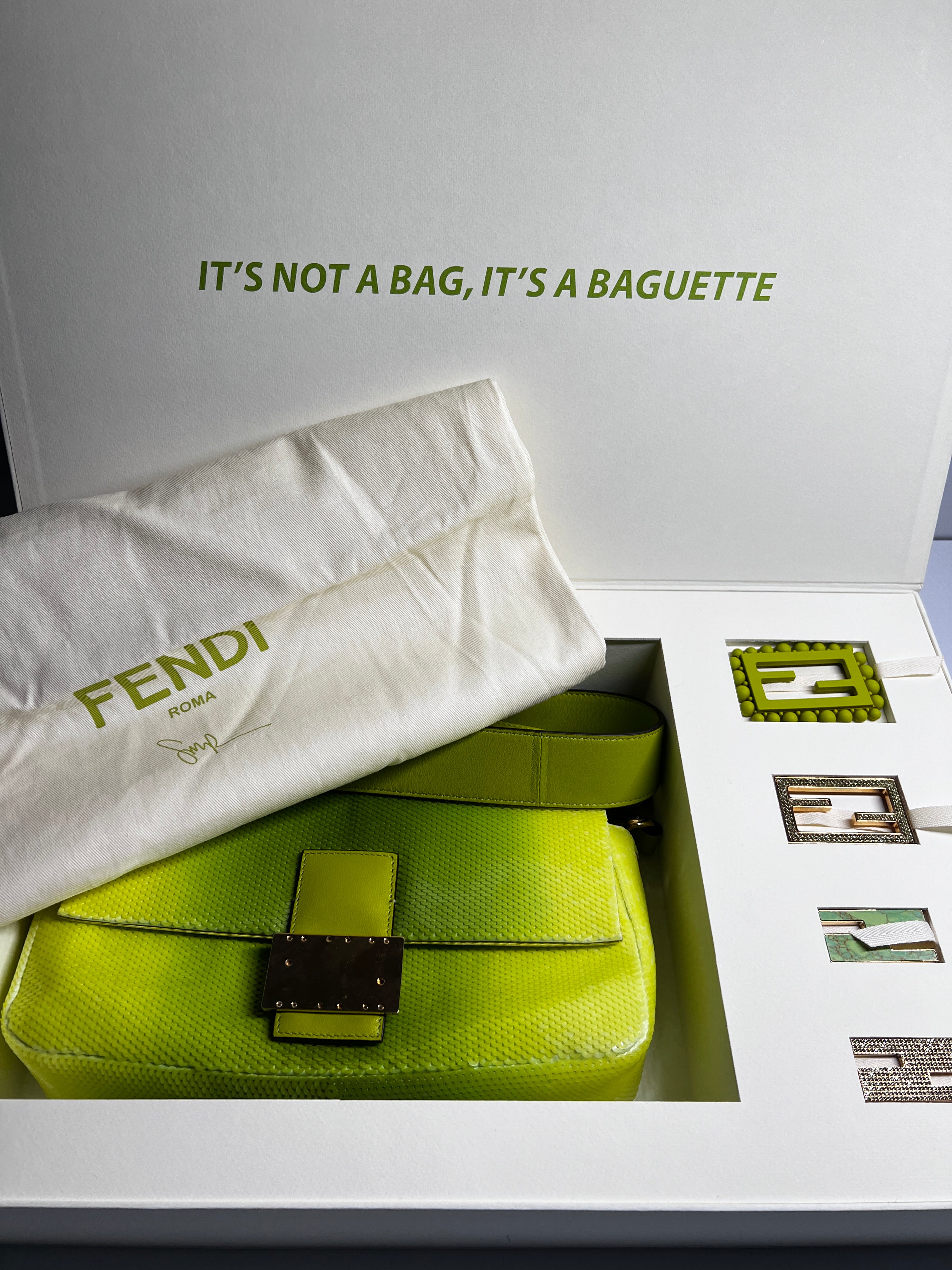 Fendi & SJP Green Sequin Baguette Bag - Luxury Designer Clutch for Evening Parties, Weddings & Special Occasions