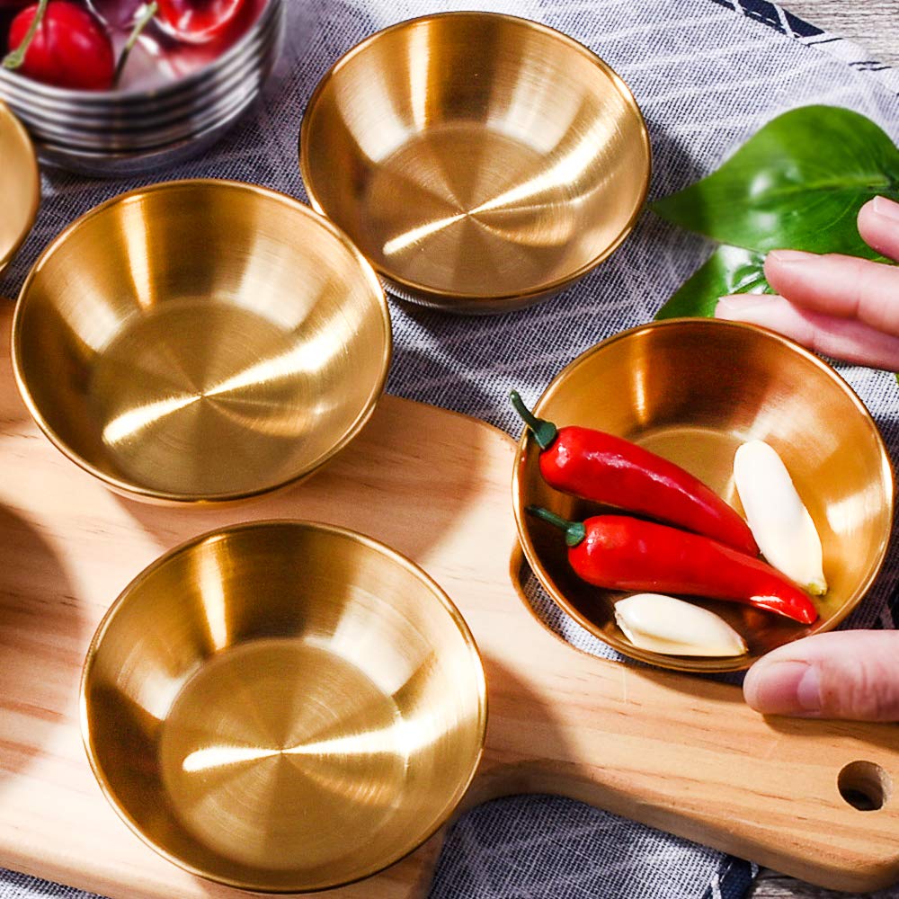 Premium Japanese Stainless Steel Soy Sauce Dishes Set of 6 - Round Sushi Dipping Bowls for Asian Cuisine, Mini Appetizer Plates & Ice Cream Serving - Elegant Gold Kitchenware for Restaurants, Sushi Bars & Home Dining