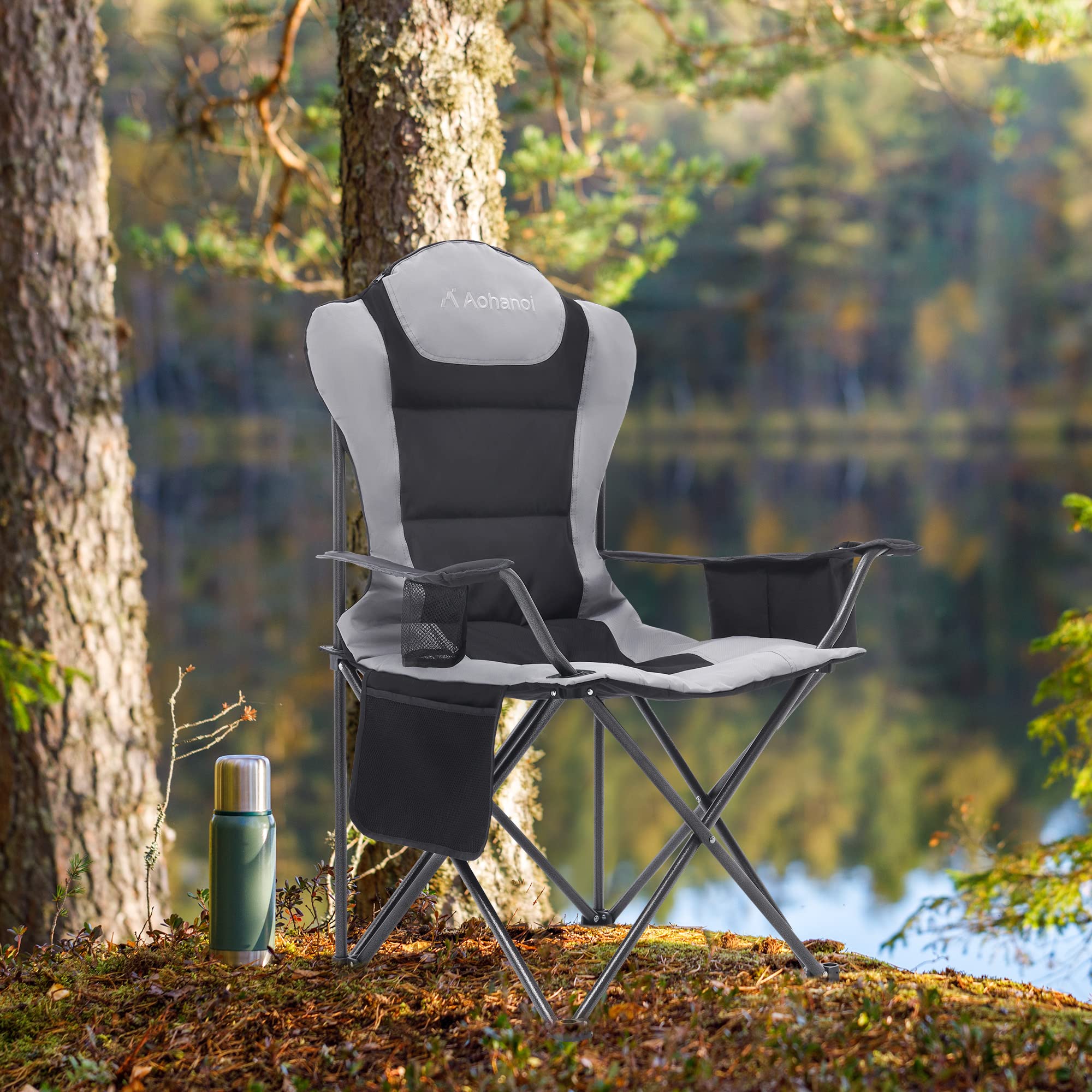 **Heavy Duty Camping Chairs for Adults - 300lbs Capacity Folding Outdoor Chairs with Cup Holder & Cooler Bag - Portable & Sturdy for Camping, Beach, Picnics, Backyard, and Tailgating (Black, 1 Pack)**