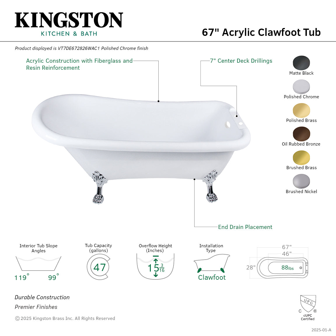 Aqua Eden VT7DE672826WAC8 67-Inch Acrylic Classic Flat Rim Single Slipper Clawfoot Bathtub with 7-Inch Faucet Drillings - Glossy White & Brushed Nickel Finish - Perfect for Vintage Bathroom Decor and Spa-Like Relaxation