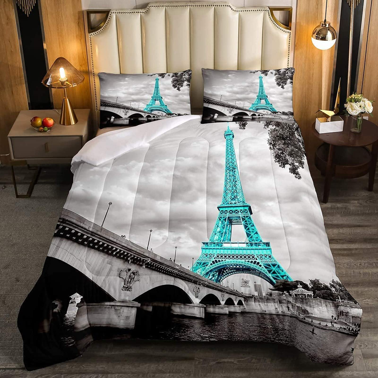 Teal Eiffel Tower Comforter Set King Size - Paris Themed Bedding with 1 Comforter & 2 Pillow Shams | Luxury Hotel Style Bedroom Decor for Home, Dorm, Guest Room