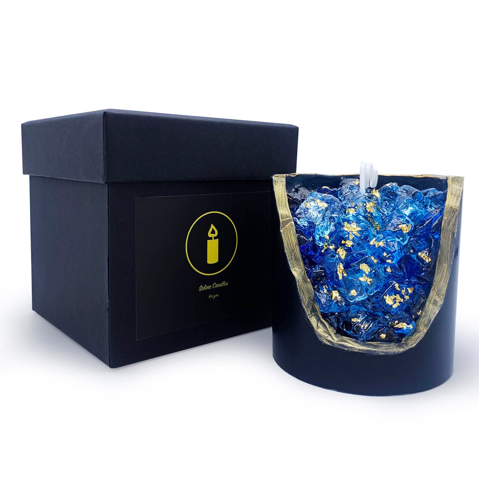 Aromatherapy Soy Candle with Essential Oils, Crystals & Dried Flowers | Handmade Meditation Candle | Relaxation Gift for Yoga, Spa & Home Decor | Seline Candles (Blue Crystal Candle)