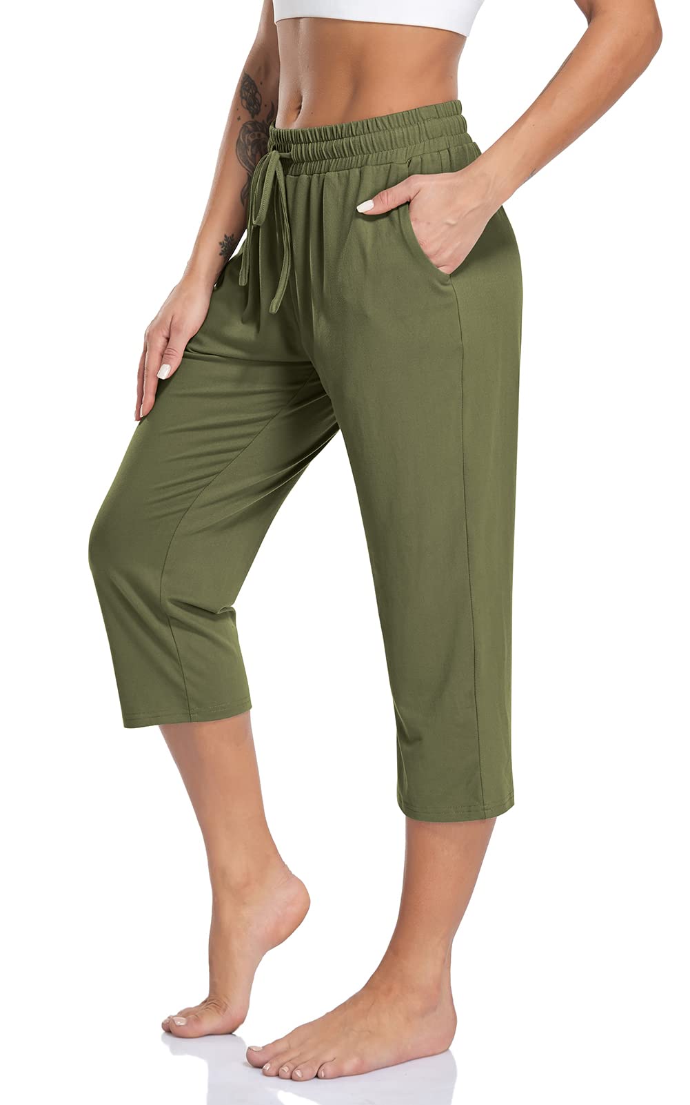 TARSE Women's Capri Yoga Pants - Soft Loose Lounge Pants with Drawstring & Pockets for Workout, Running, Gym, Travel & Casual Wear