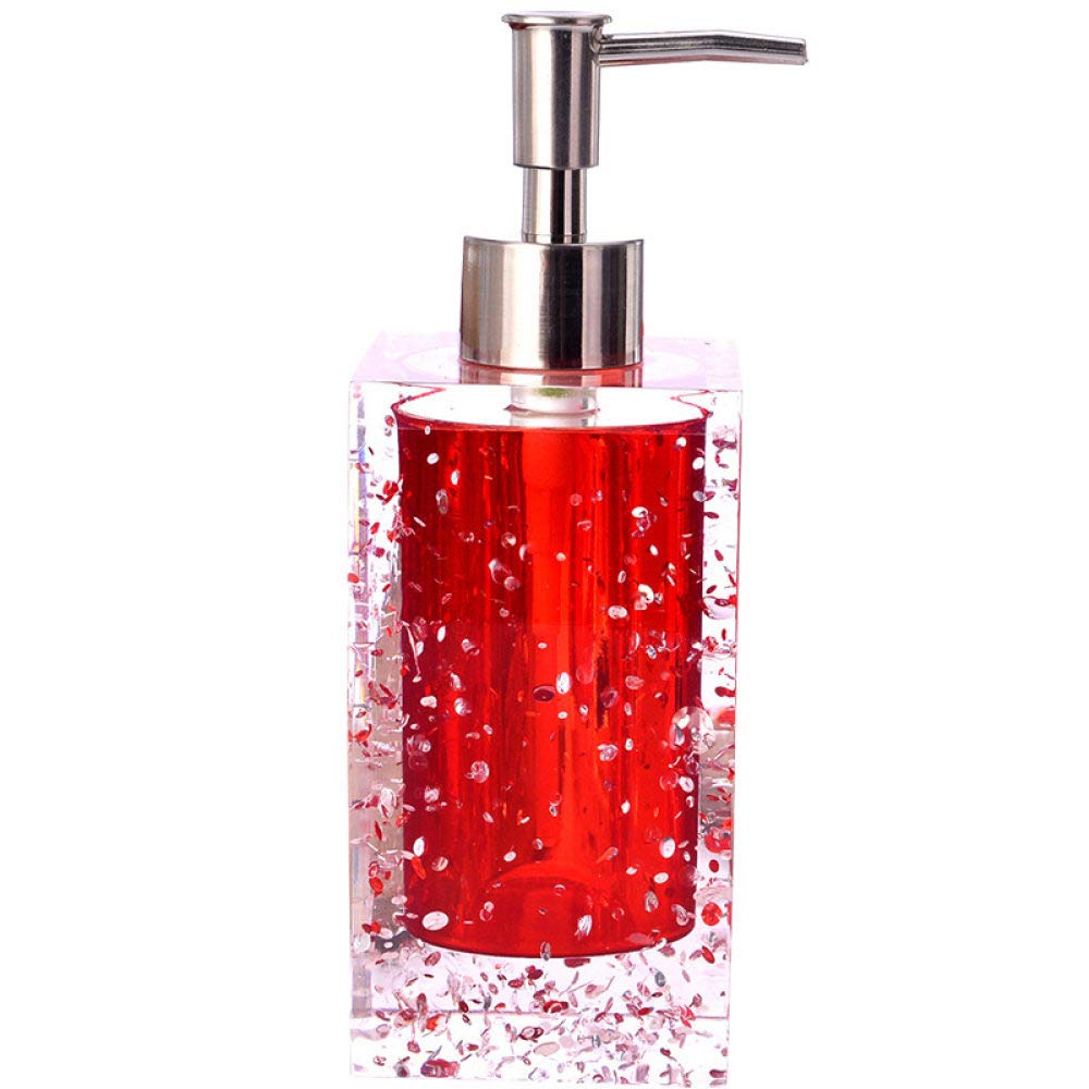 SAFWE Resin Hand Soap Dispenser with Brushed Gold Pump - Modern Red Sequins Transparent Liquid Soap Bottle for Bathroom, Kitchen Countertop | Dishwashing & Hand Washing Solution for Home & Office Use