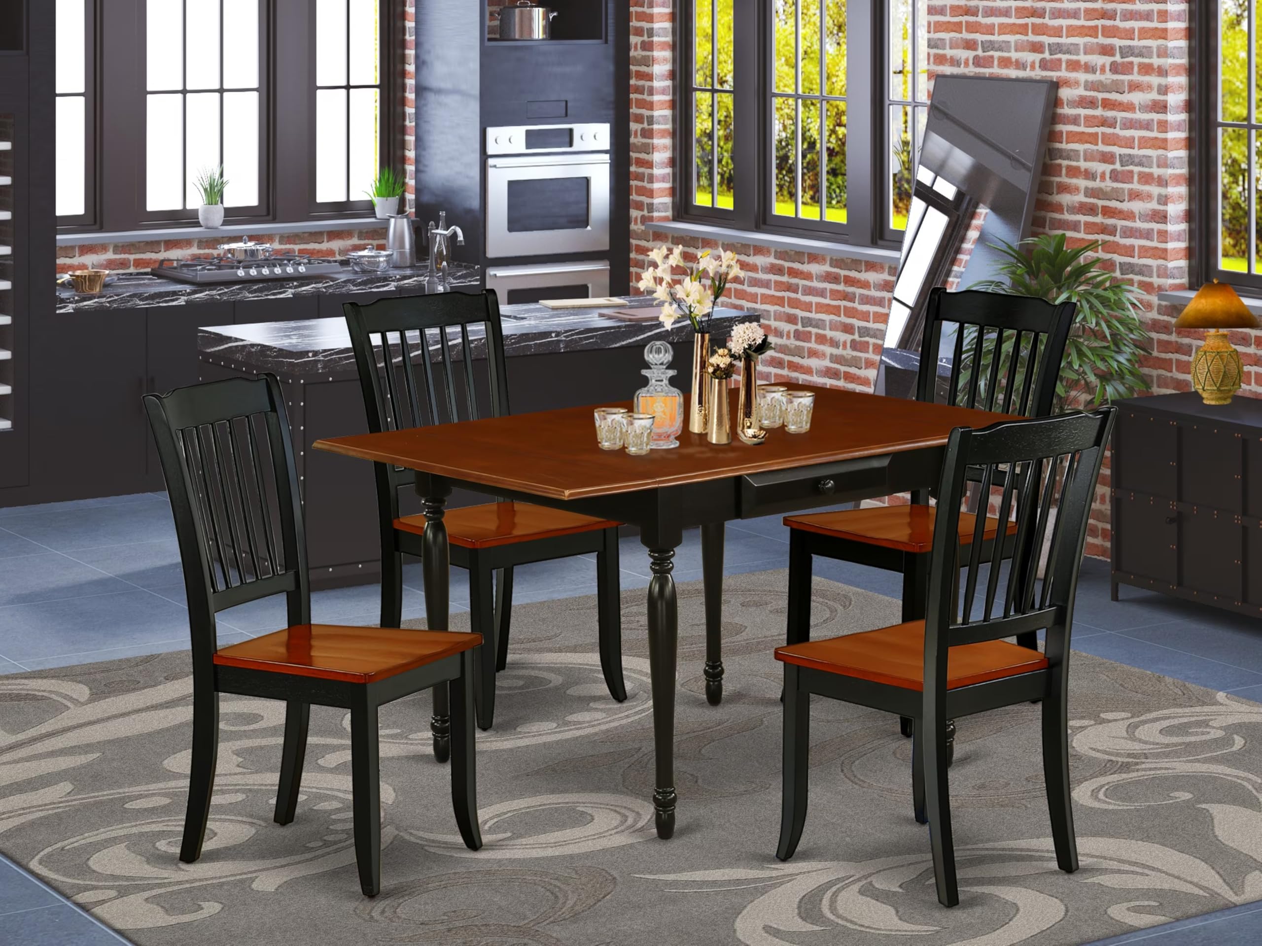 East West Furniture MZDA5-BCH-W 5-Piece Black & Cherry Dining Set with Drop-Leaf Table (36x54 Inch) and 4 Chairs - Perfect for Small Kitchens, Breakfast Nooks & Compact Dining Spaces