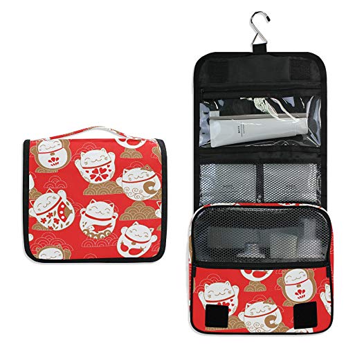 ALAZA Lucky Cat Maneki Neko Red Travel Toiletry Bag - Hanging Cosmetic Organizer with Hook | Portable Makeup Pouch for Women | Perfect for Travel, Gym & Daily Use
