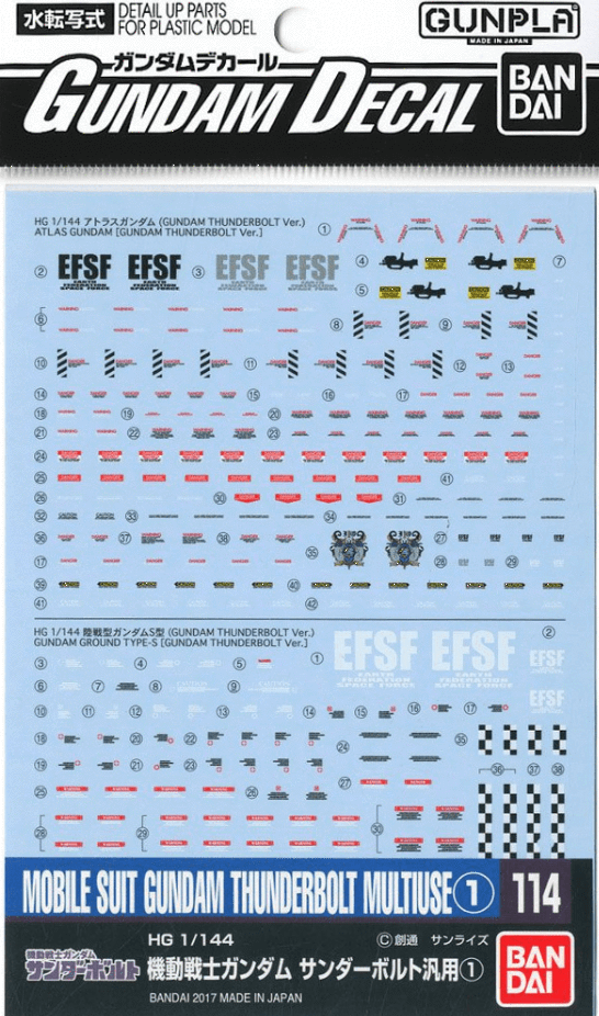 Bandai Gundam Water Slide Decals #114 for Mobile Suit Gundam Thunderbolt - Premium Model Kit Transfers for HG, MG, RG Gunpla Customization - Perfect for DIY Builders & Collectors