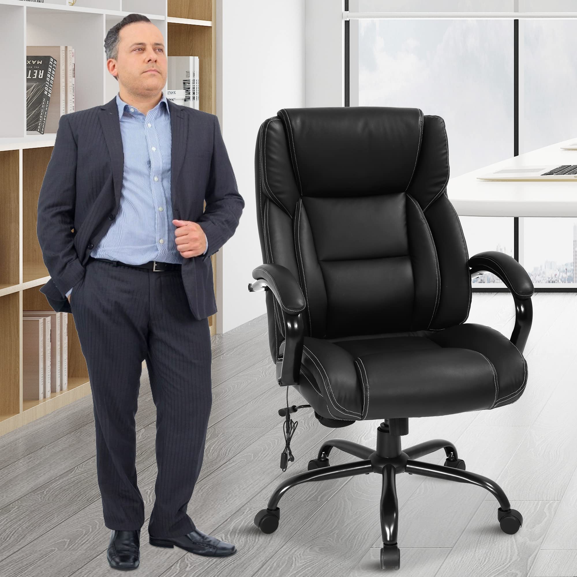 Ergonomic Office Desk Chair 500lbs Capacity - Big and Tall High Back Computer Chair with Adjustable Lumbar Support & Massage - PU Leather Executive Swivel Rolling Task Chair for Home Office (Black) - Perfect for Long Work Hours & Gaming Sessions