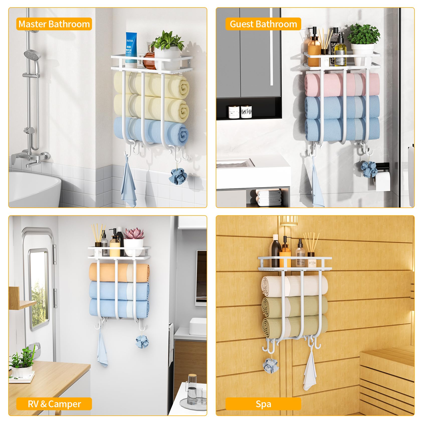 Stainless Steel Wall Mounted Bathroom Towel Rack with 4 Hooks & Shelf - Space Saving Towel Holder Organizer for Small Bathrooms (Holds 3 Large Rolled Towels, White) - Perfect for Bathroom, Laundry Room & Spa Decor