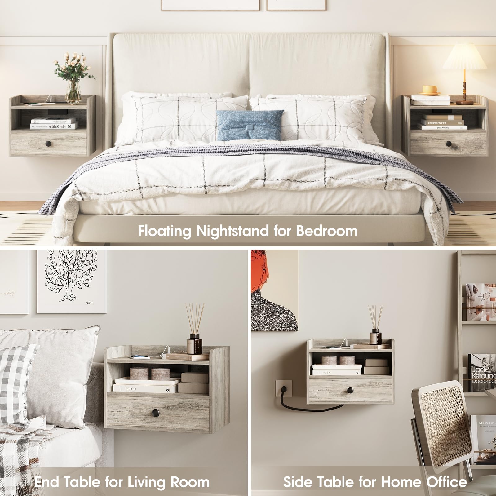 Modern Floating Nightstand Set of 2 - Wall Mounted Bedside Tables with Drawer, Open Shelf & USB Charging Station - Space Saving Grey End Tables for Small Bedrooms, Apartments & Dorm Rooms