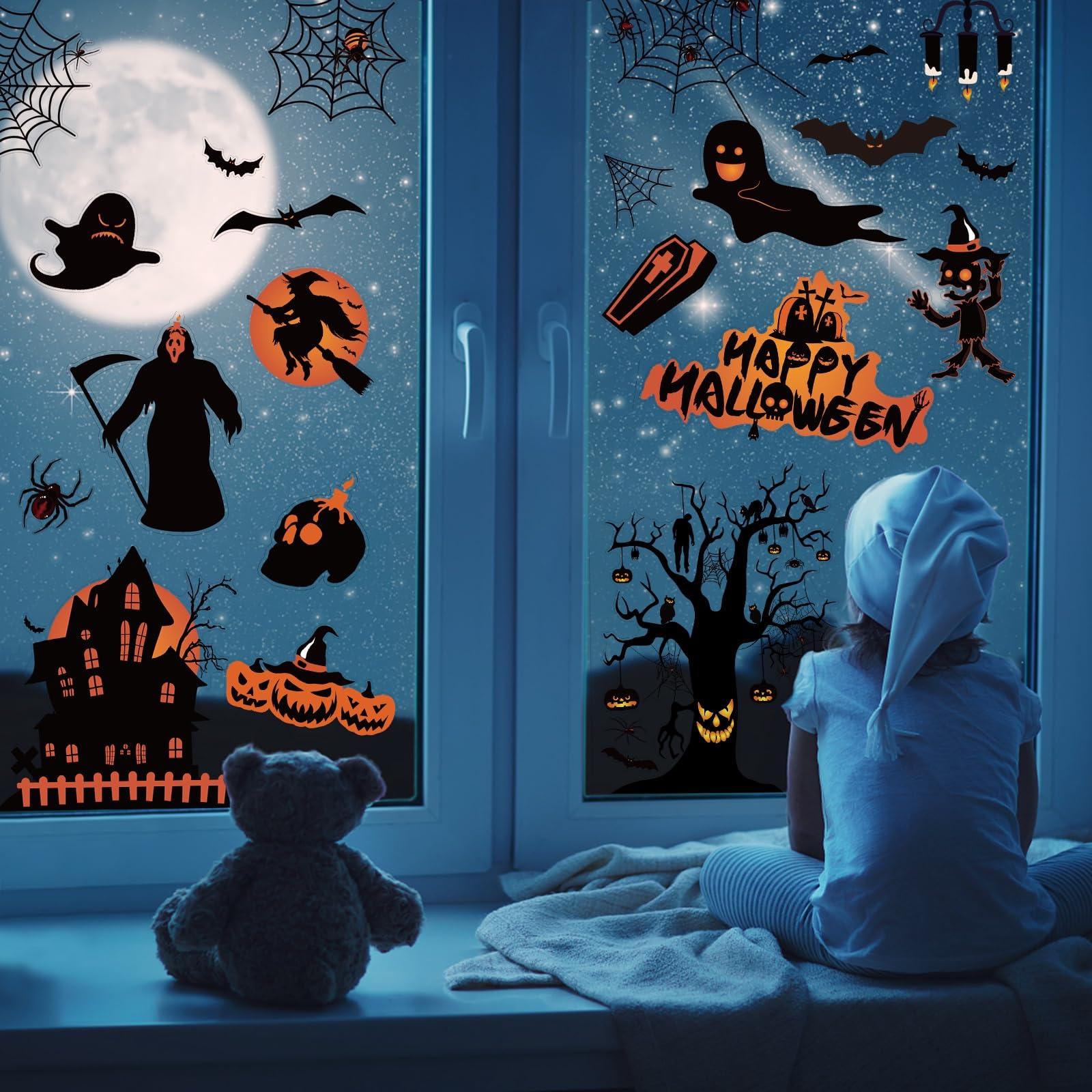 98pcs Halloween Window Stickers - 8 Sheets of Double-Sided Bats & Spiders Window Clings for Halloween Party Decorations | Perfect for Home, Office, Classroom & Haunted House Decor
