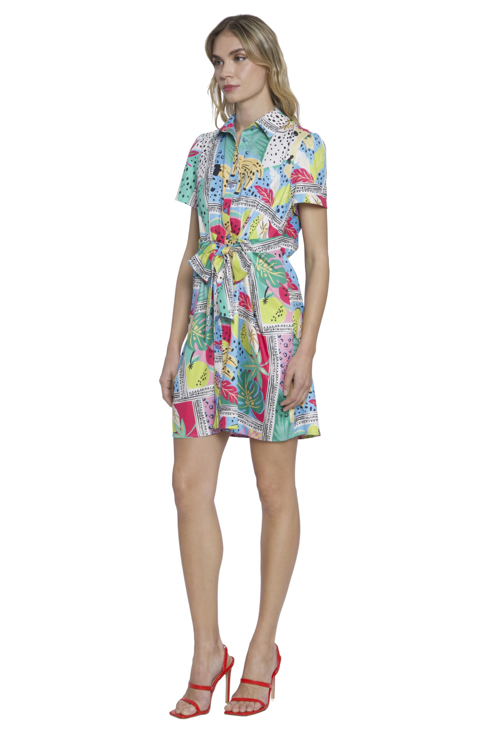 Donna Morgan Women's Short Sleeve Collared Shirt Dress with Tie Detail & Elastic Waist | Casual Summer Dress for Work, Beach, and Outdoor Activities