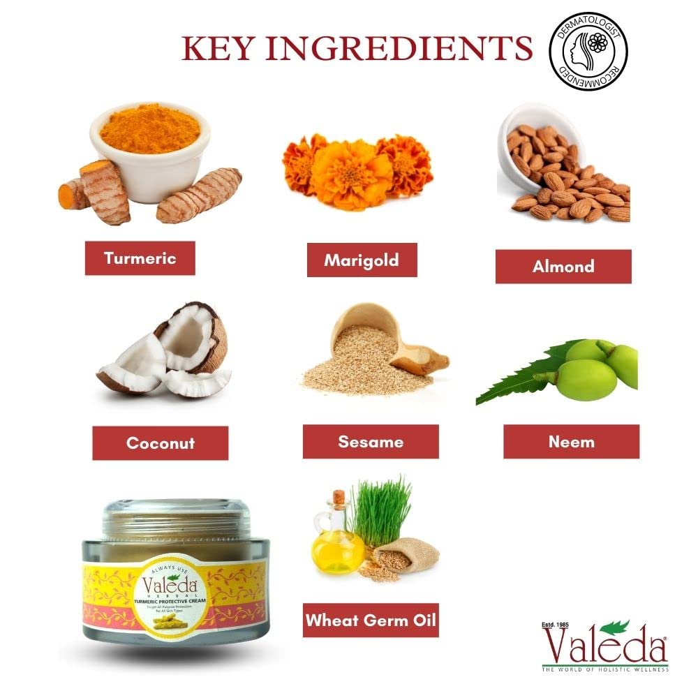 Valeda Turmeric Protective Cream for Fair & Glowing Skin - Coconut Butter & Wheat Germ Oil - Brightening Face Moisturizer for Dry Skin, Anti-Aging & Even Skin Tone - Perfect for Daily Skincare Routine & Nighttime Use