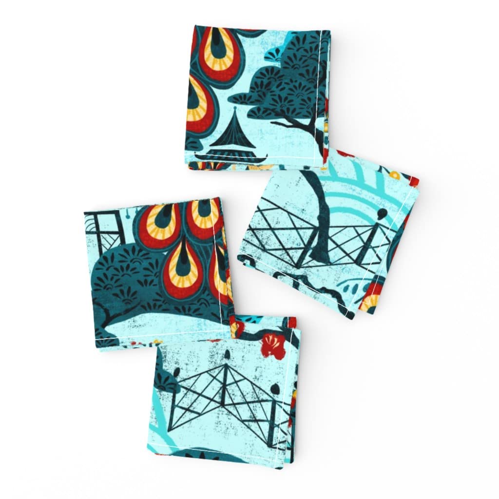 Premium Linen Cotton Blend Cocktail Napkins Set of 4 - Blue Teal Chinoiserie Peacock Floral Design with Scallop Edge | Elegant Asian-Inspired Party Napkins for Cocktail Hours, Dinner Parties & Home Decor