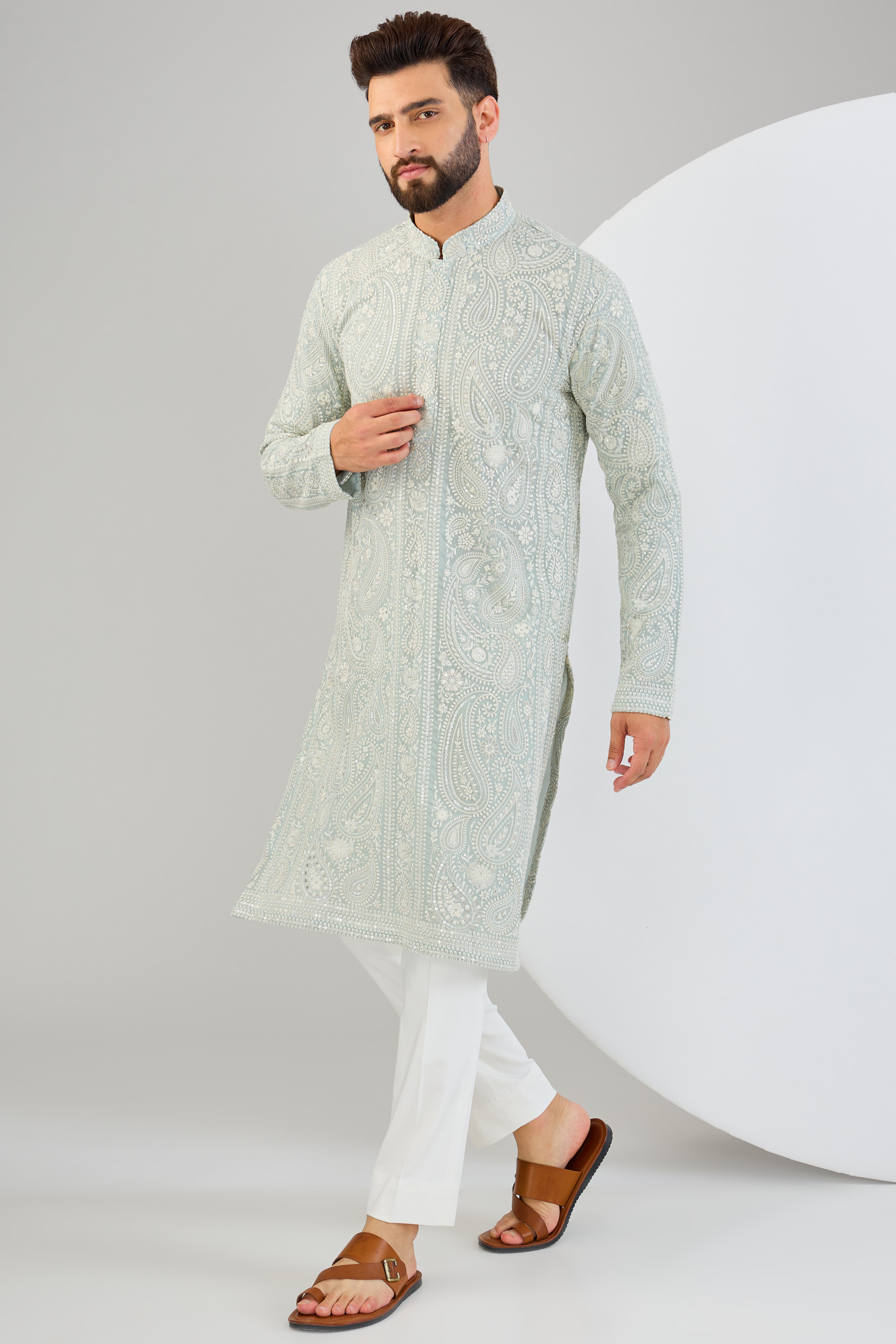 Elegant Ice Blue Chikankari Kurta with Paisley Embroidery - Perfect for Festivals, Weddings & Casual Wear