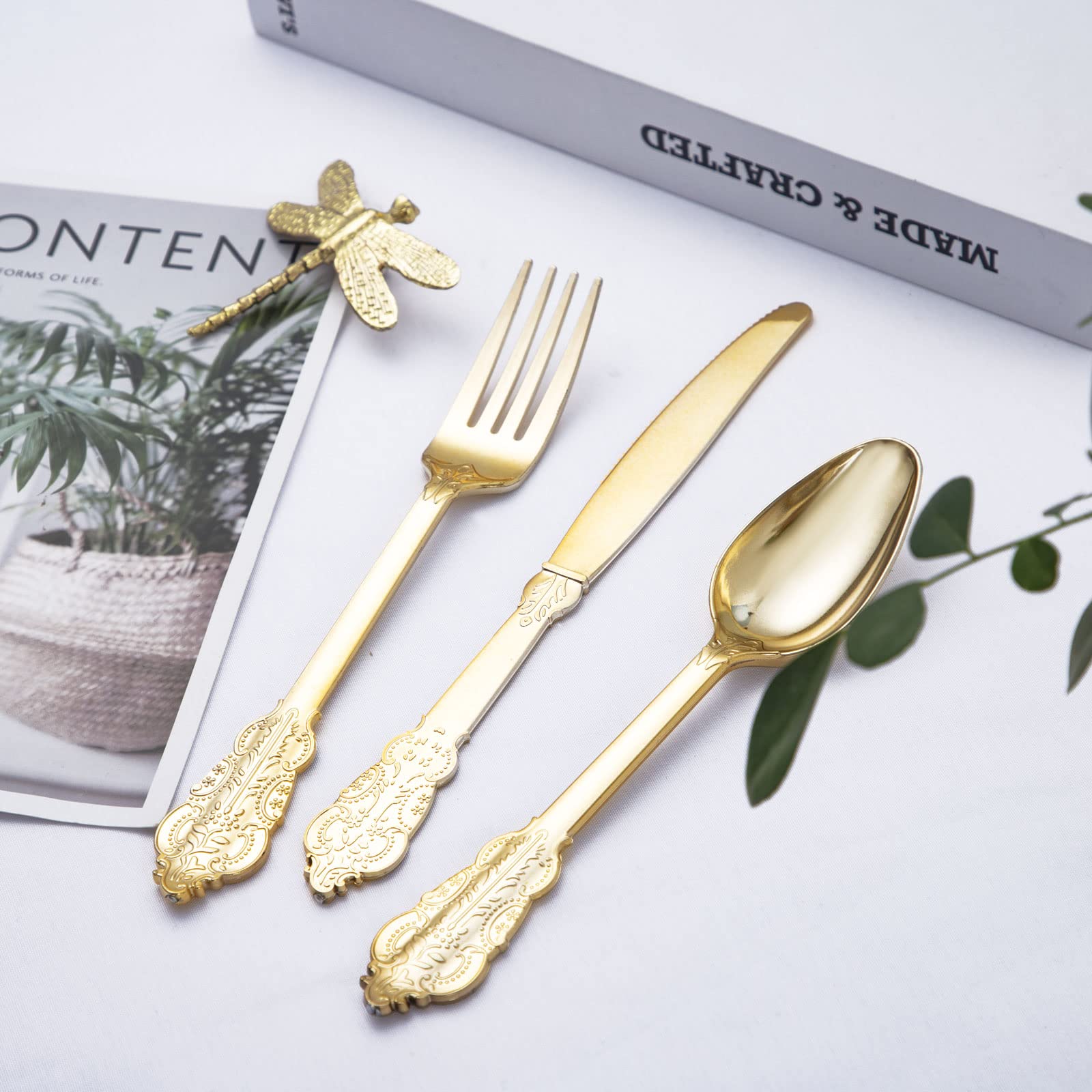 BUCLA 600-Piece Gold Plastic Silverware Set - Heavyweight Disposable Cutlery (200 Gold Forks, 200 Spoons, 200 Knives) - Elegant Party Supplies for Weddings, Events & Catering
