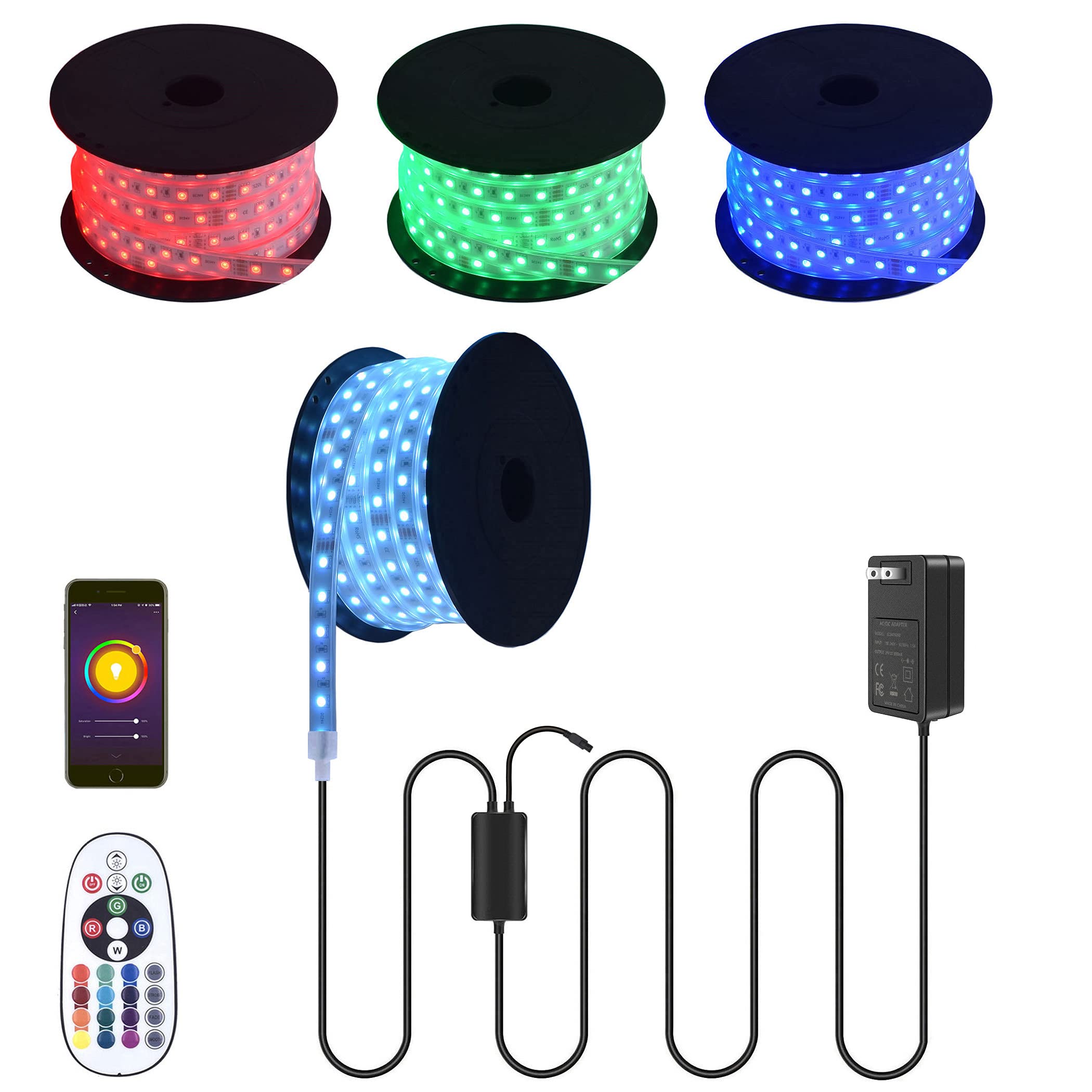 90Ft 24V RGB LED Strip Lights with Bluetooth App Control - Color Changing, Waterproof IP67 for Indoor Crown Molding & Outdoor Patio, Deck, Rooftop Lighting | Perfect for Home Decoration, Party, Holiday & Landscape Lighting