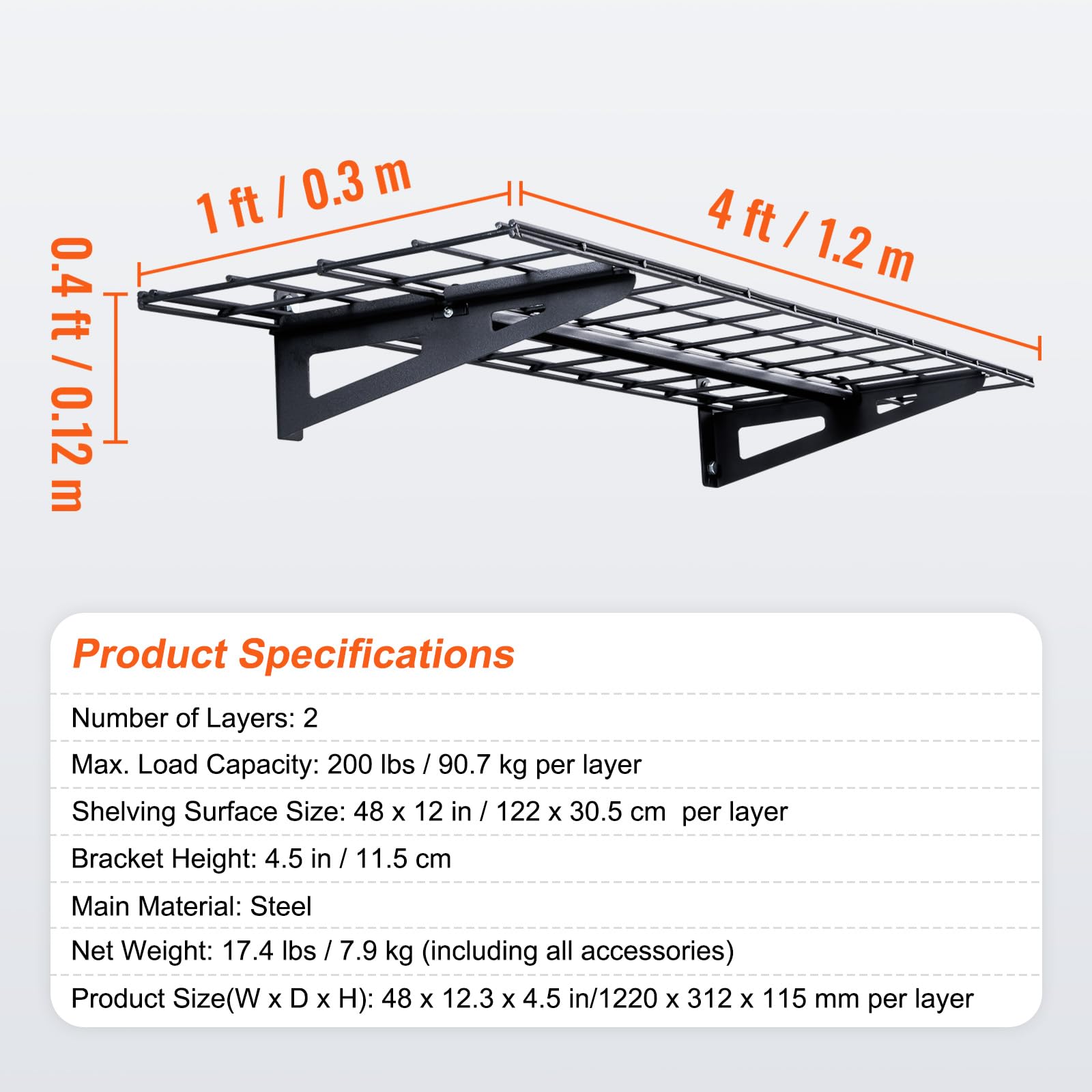 VEVOR Heavy Duty Garage Shelving Wall Mounted - 1x4 ft Floating Shelves with 400 lbs Capacity - 2 Pack Garage Storage Rack for Shop, Shed, Basement & Home Organization - Perfect for Tools, Paint Cans & Equipment Storage