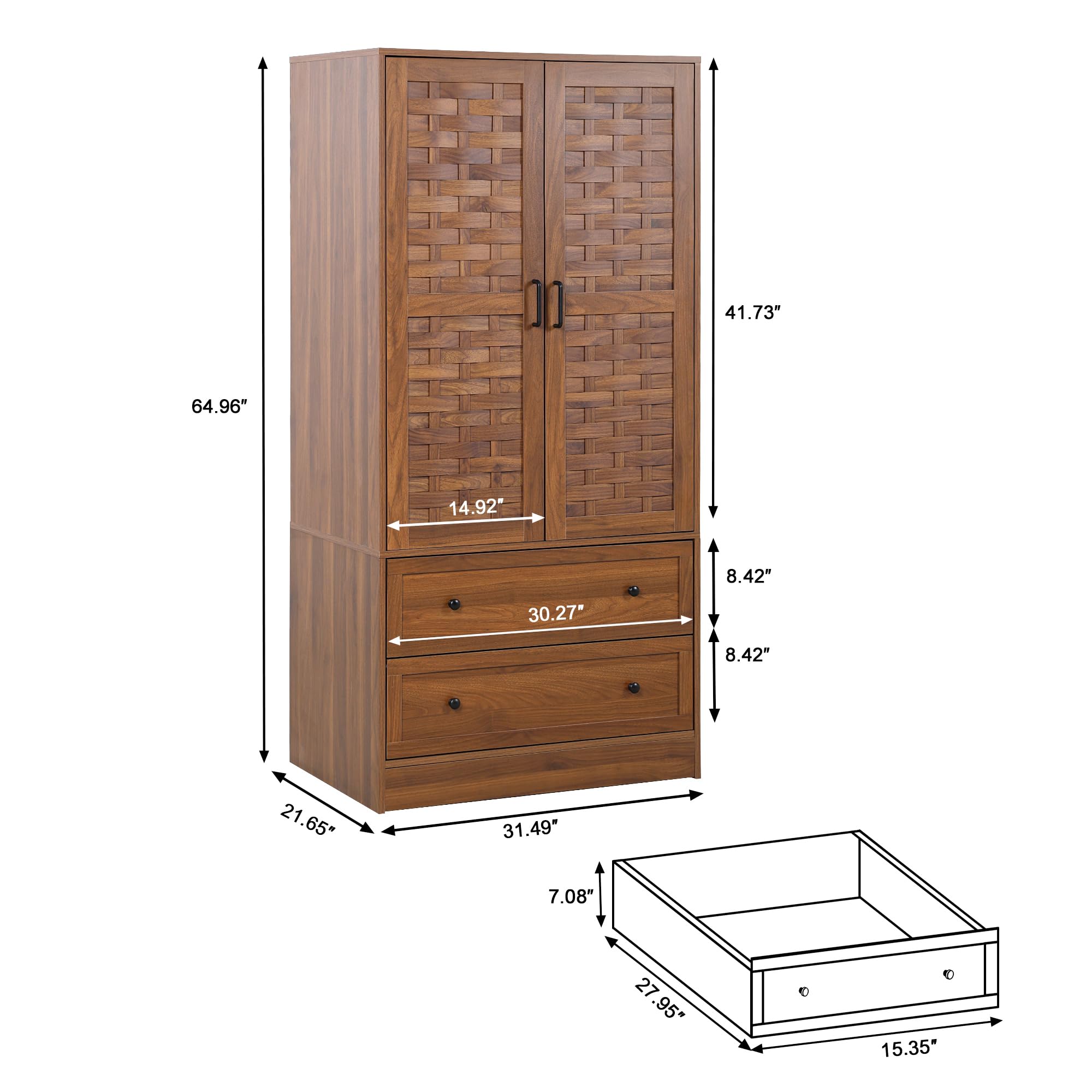LEVNARY Armoire Wardrobe Closet with 2 Woven Doors, Storage Drawers & Hanging Rail - Freestanding Closet Organizer for Bedroom, Living Room or Dorm (Walnut Finish) - Perfect for Clothes, Shoes & Accessories Storage