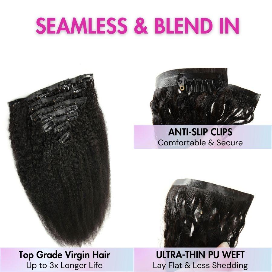 WOWANGEL Kinky Straight Seamless Clip-In Hair Extensions 18 Inch - Natural Black Human Hair Weft for Volume & Length - Perfect for Daily Wear, Parties & Special Occasions