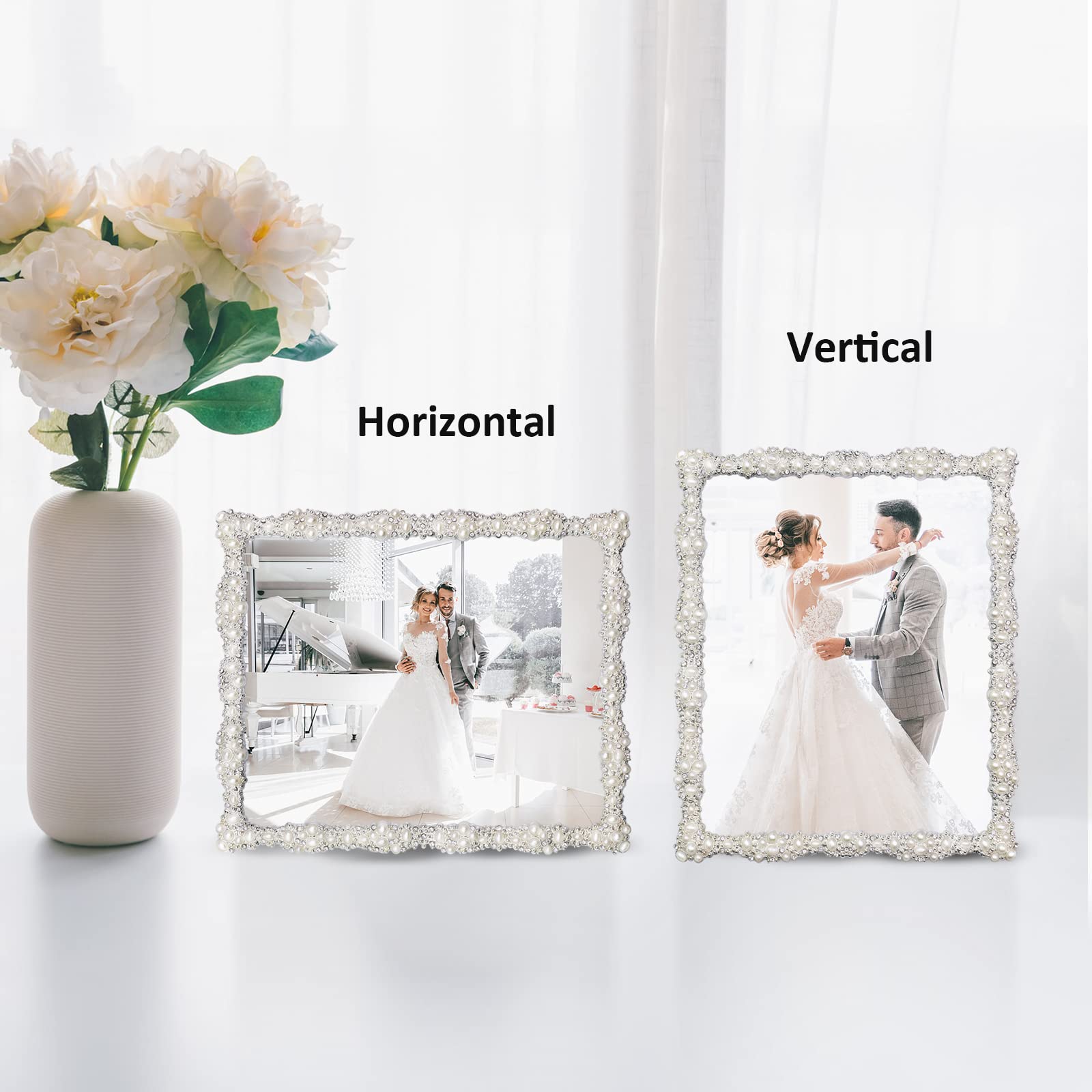 8x10 Silver Plated Wedding Picture Frame with Pearl & Rhinestone Accents - High Definition Real Glass Photo Frame for Horizontal & Vertical Tabletop Display - Perfect for Weddings, Anniversaries & Home Decor