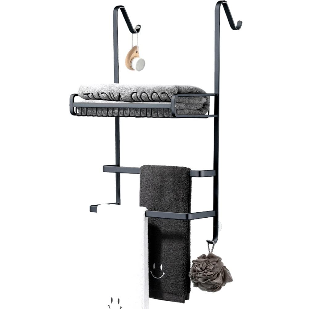 Over The Door Hanging Storage Organizer - Heavy Duty Spice Rack Shelf with Hooks & Towel Bar for Bathroom & Kitchen - Space Saving Solution for Small Homes (Black, 2 Bars, 40cm) - Perfect for Organizing Spices, Towels, and Toiletries in Compact Spaces