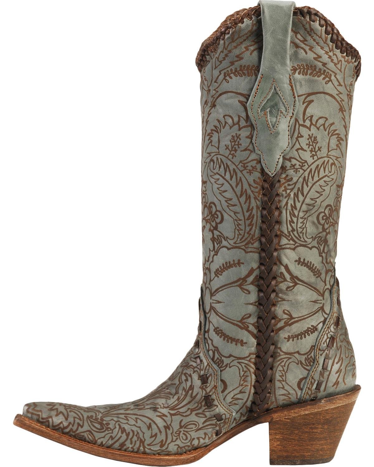 Women's Turquoise Engraved Lace Green Leather Cowgirl Boots - Size 8.5 M - Western Style Corral Boots for Country Dancing, Rodeo & Fashion Outfits