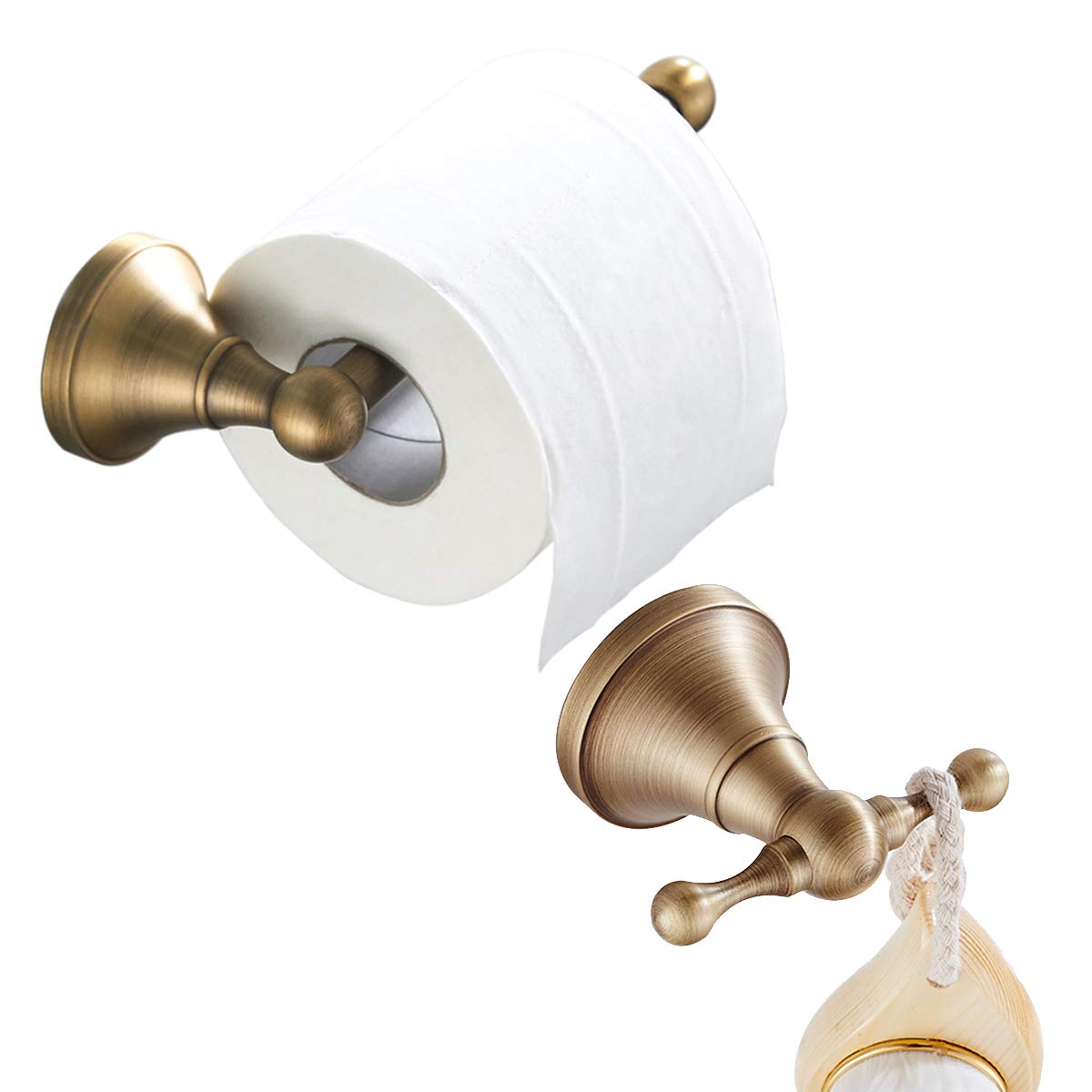 Antique Brass Wall Mounted Toilet Paper Holder & Towel Hook Set - Brushed Bronze Bathroom Accessories for Home Decor and Space Saving Organization
