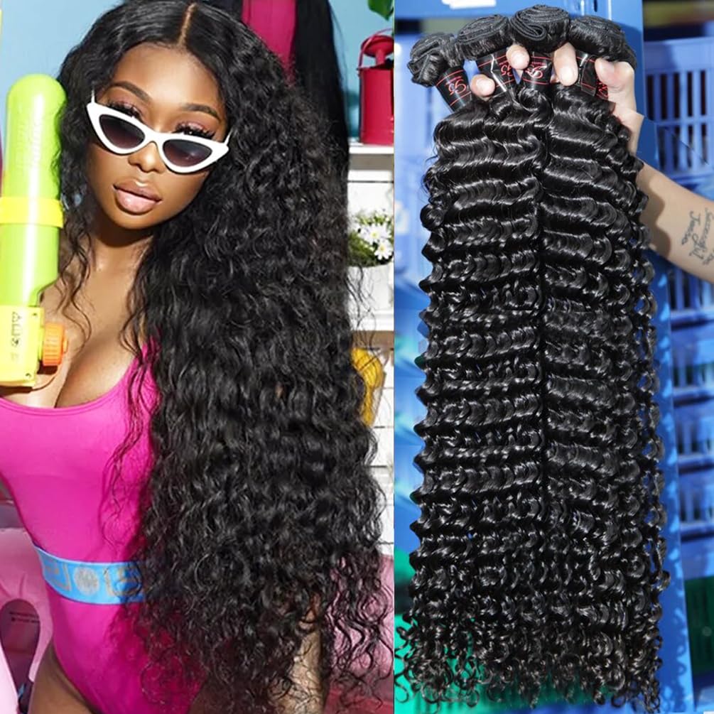100% Unprocessed Brazilian Virgin Remy Deep Wave Human Hair Bundles (22 24 26 28 Inch) 12A Grade - Natural Black Curly Weft Hair Extensions for Black Women | Perfect for Protective Styles, Weaves & Volume Boosting