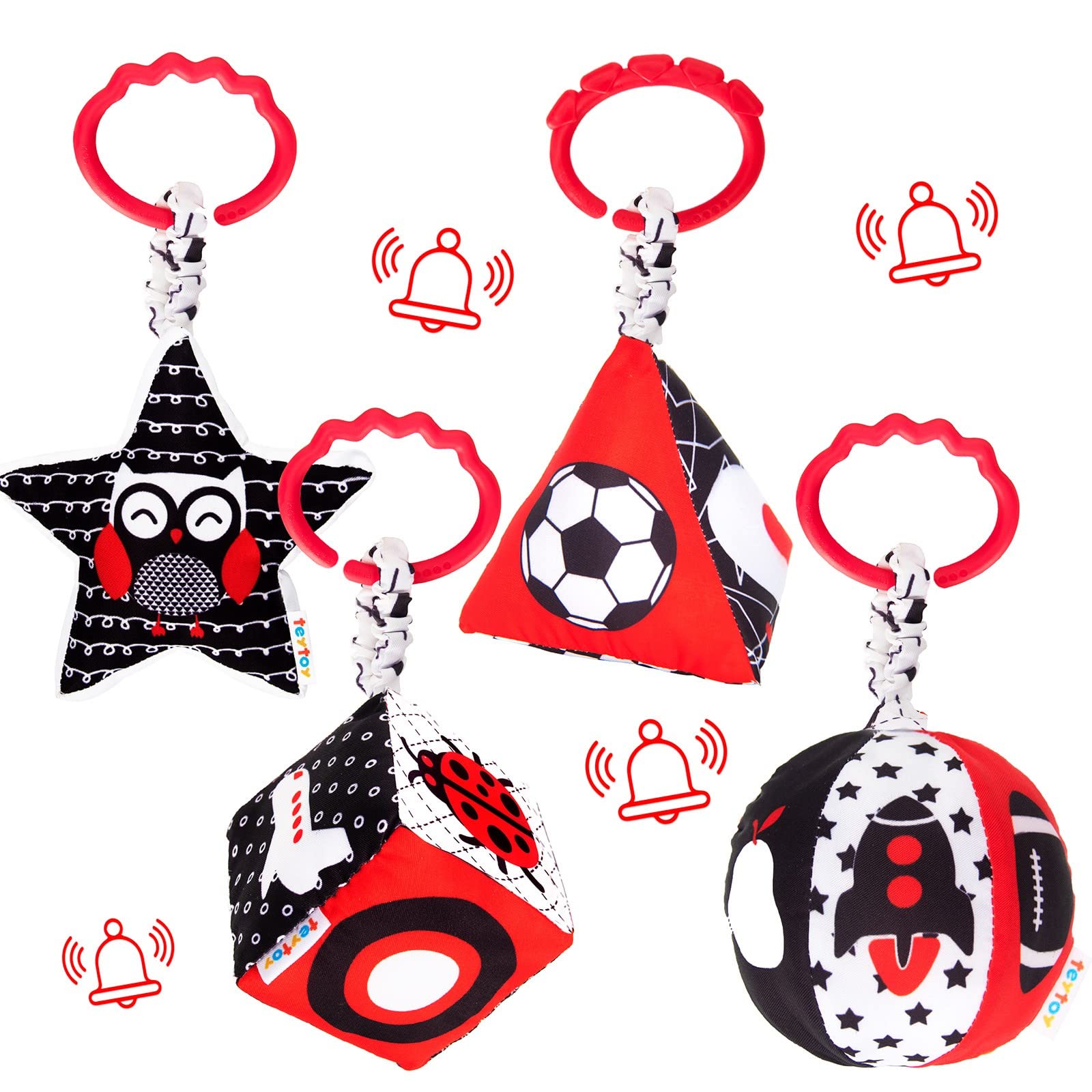 TeyToys High Contrast Black & White Baby Stroller Toys with Rattle - Newborn Sensory Toys for 0-12 Months - Easy Clip Hanging Developmental Toys for Crib, Car Seat & Stroller - Perfect for Visual Stimulation & Early Learning