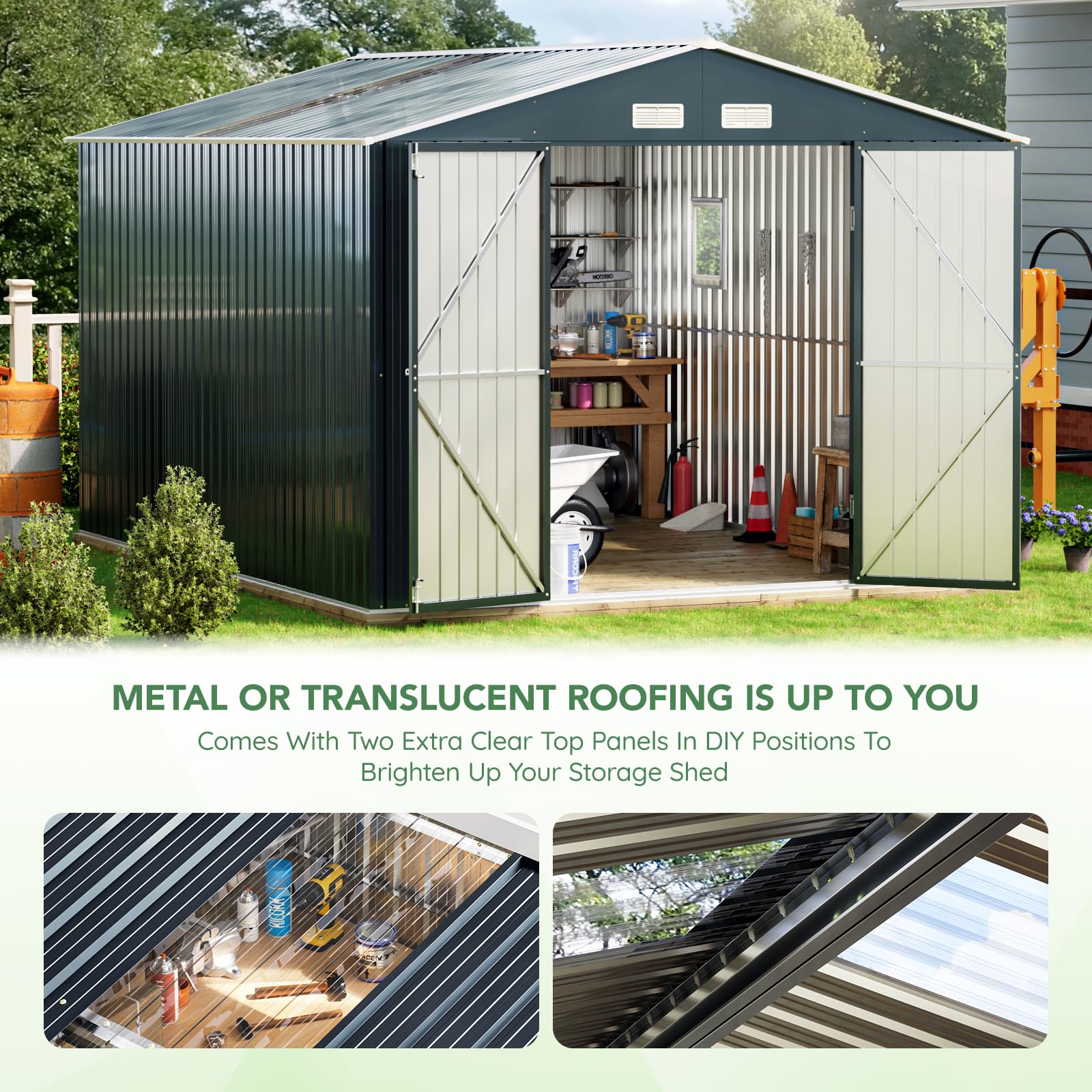 10x12x7.5 FT Heavy Duty Outdoor Steel Storage Shed - Lockable Double Doors, 2 Windows & Transparent Roof Panels - Durable Metal Frame Floor (Wood Panels Sold Separately) - Perfect for Backyard Storage, Patio Organization, Chicken Coop, Garden Tool Shed & Pool Equipment Shelter