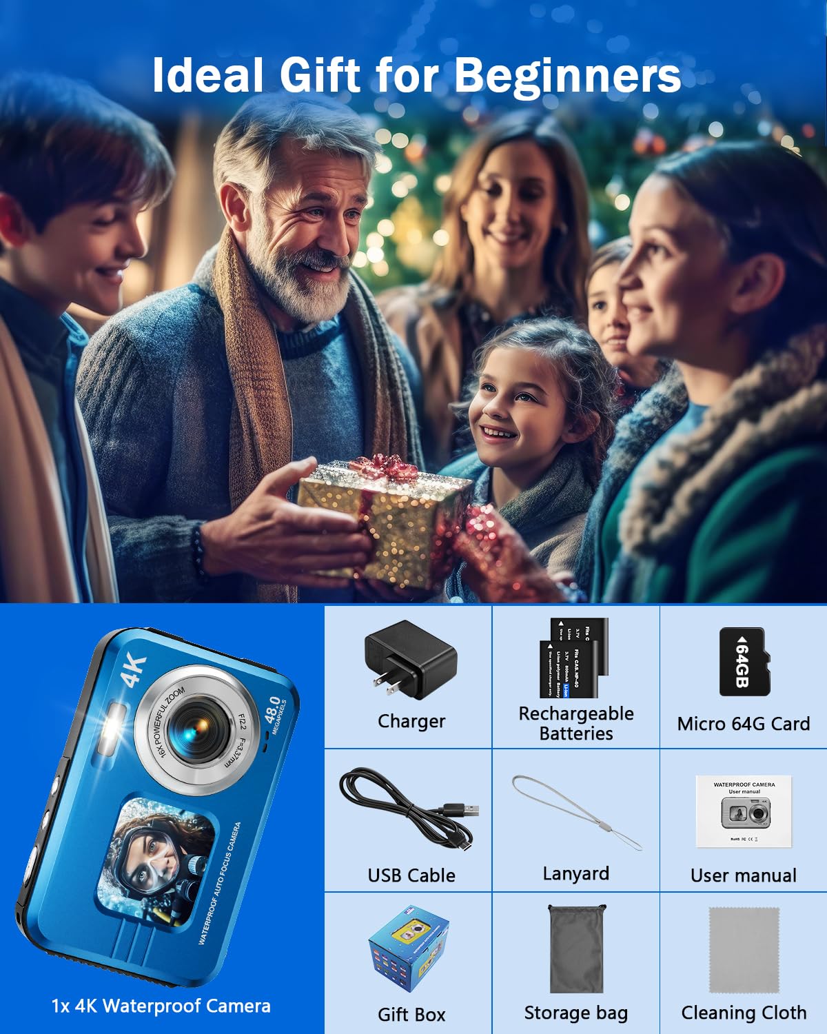 4K Waterproof Underwater Camera with 64GB Card - 48MP Autofocus Dual Screen Selfie Digital Camera for Snorkeling, Diving & Swimming - Compact Portable with 11FT Depth Rating & 2 Batteries - Perfect for Beach Vacations, Pool Parties and Underwater Adventures