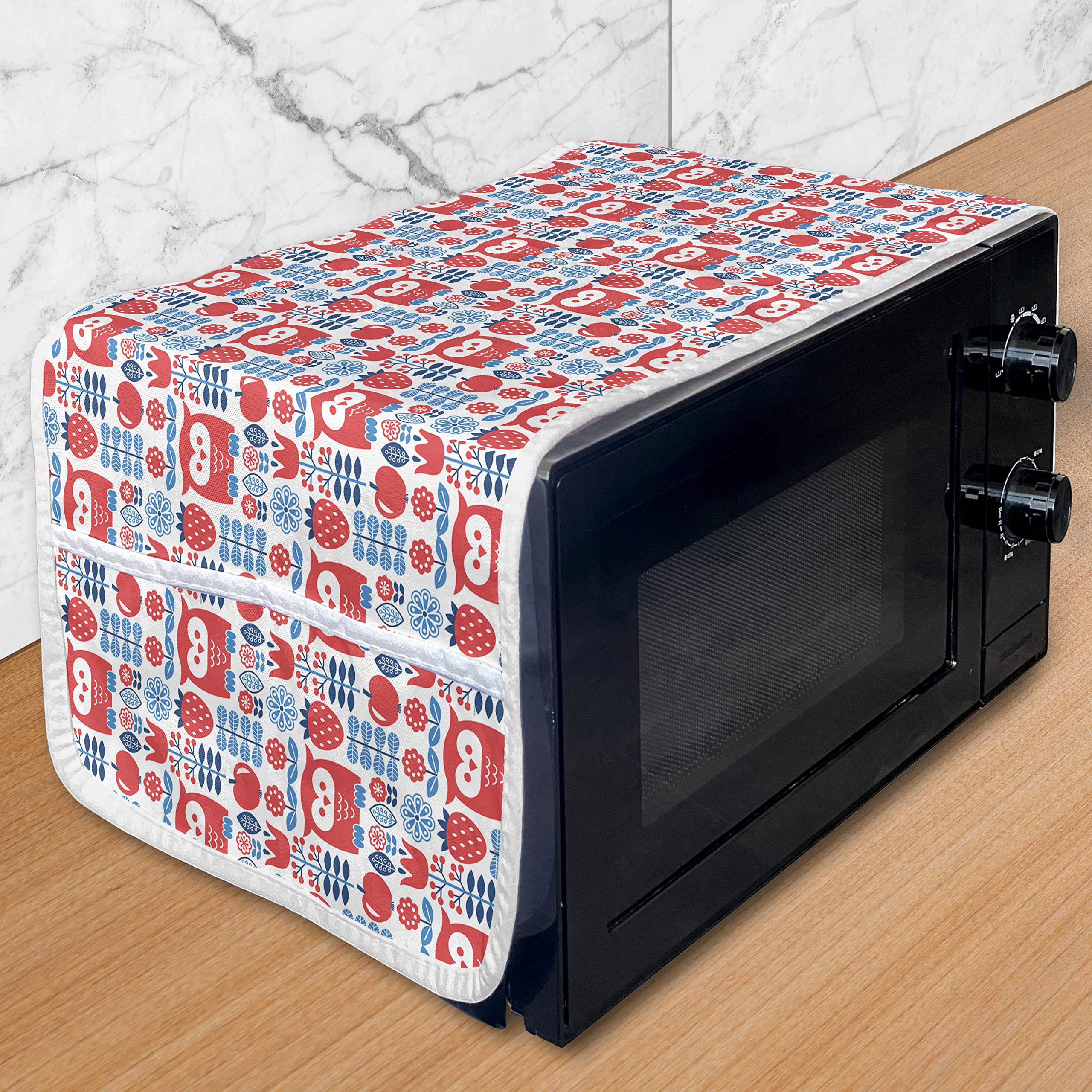 Ambesonne Norwegian Microwave Oven Cover - Water Resistant Floral Pattern with Owls & Apples, 36x12 Inch Kitchen Organizer with Pockets in Sea Blue & Dark Coral | Perfect for Modern Kitchens & Microwave Protection